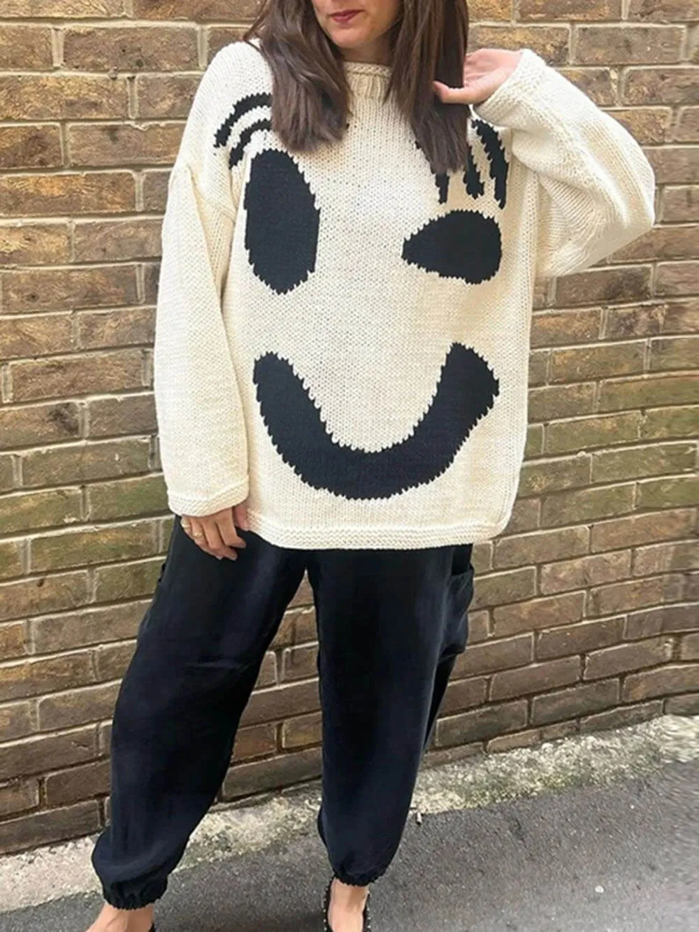 Smiley Knit™ | Women's Colorful Loose Pullover Sweater | Soft Knit Fabric, Fun Smiley Face Design, Relaxed Fit