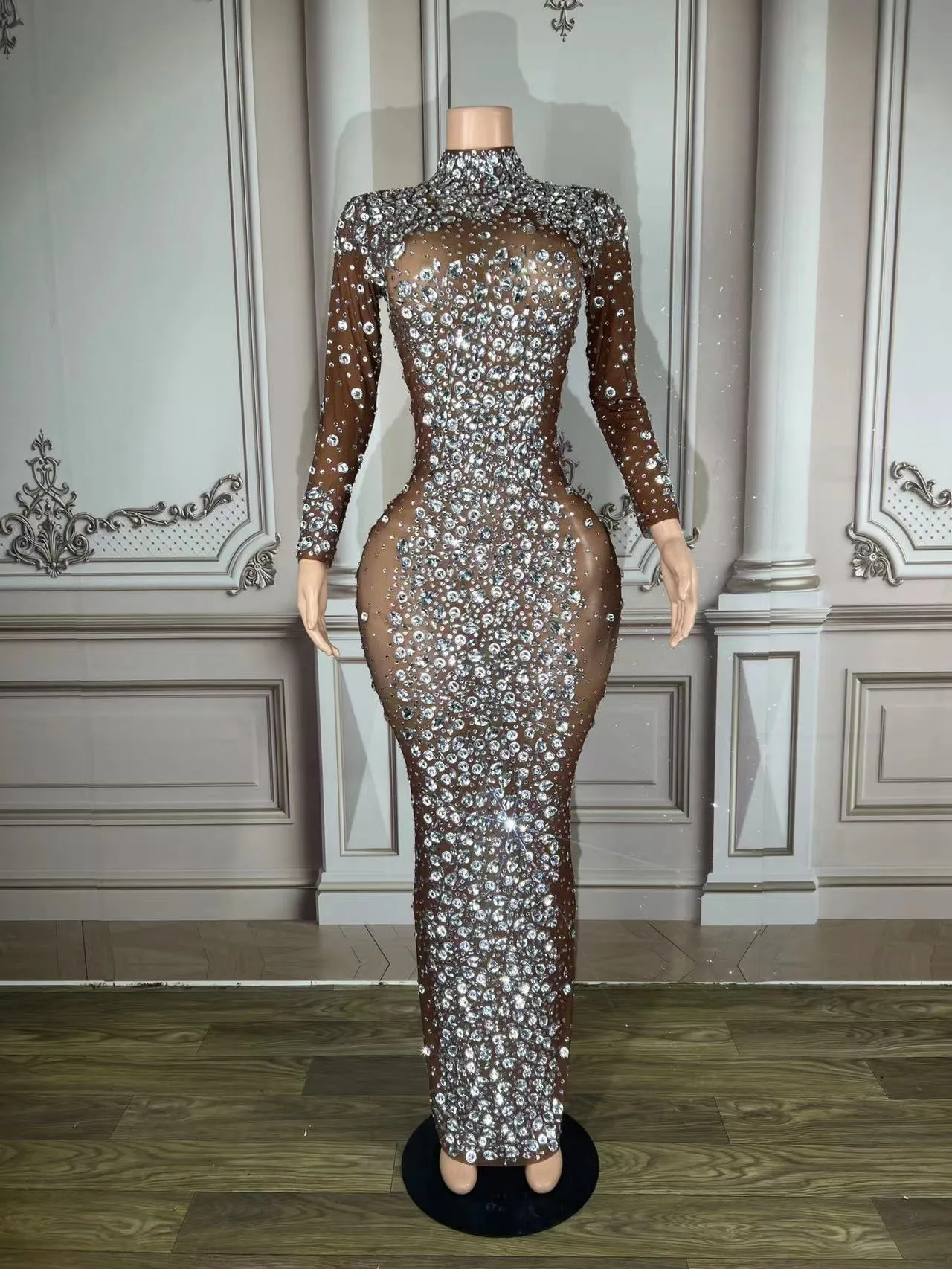 Sparkly Silver Big Rhinestone Transparent Long Dress