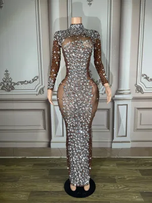 Sparkly Silver Big Rhinestone Transparent Long Dress