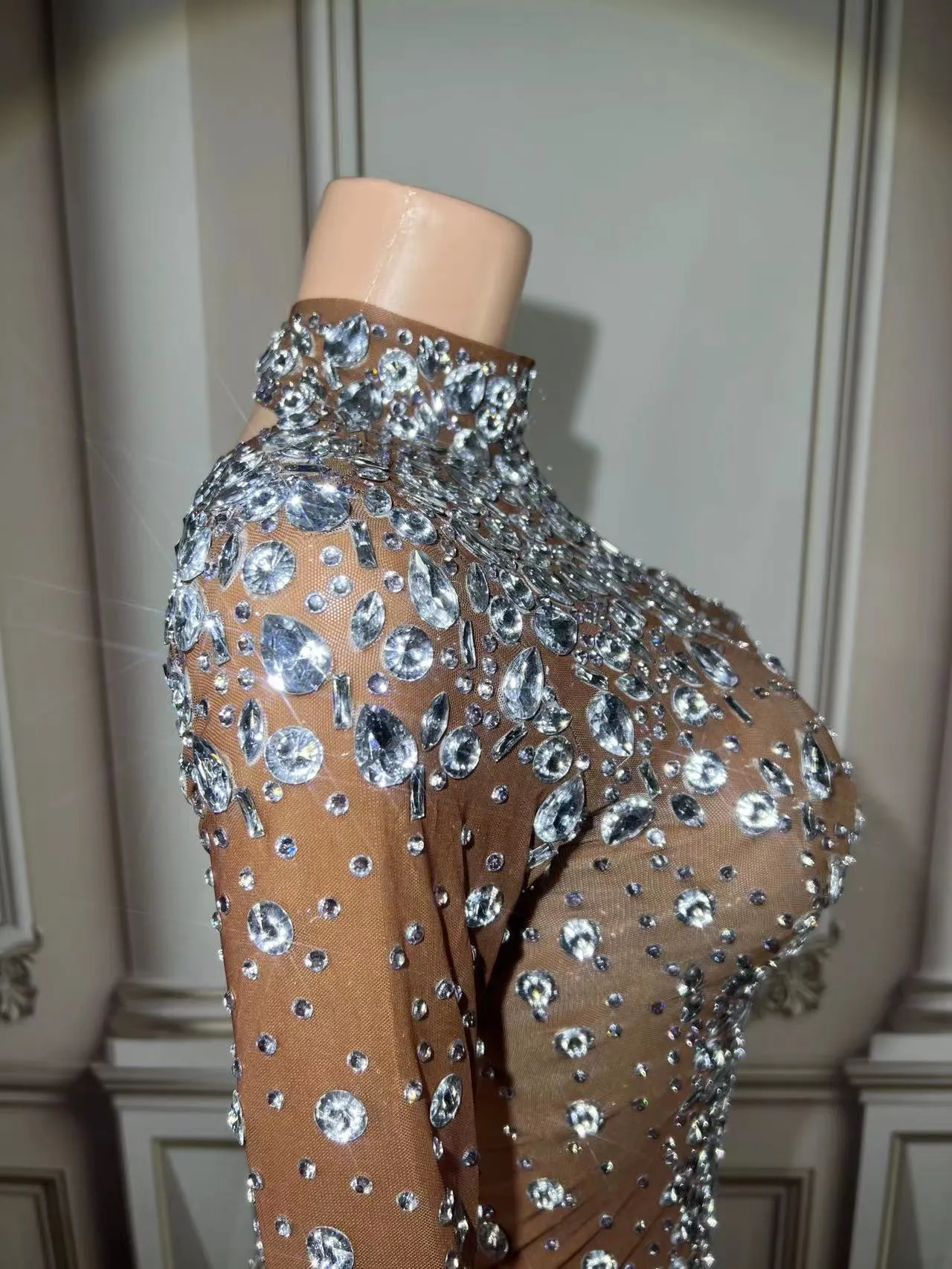 Sparkly Silver Big Rhinestone Transparent Long Dress
