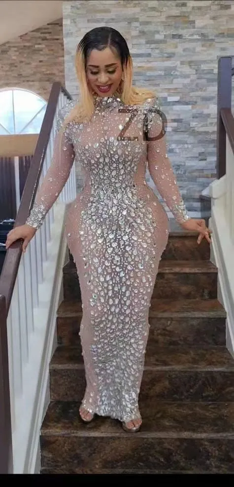 Sparkly Silver Big Rhinestone Transparent Long Dress