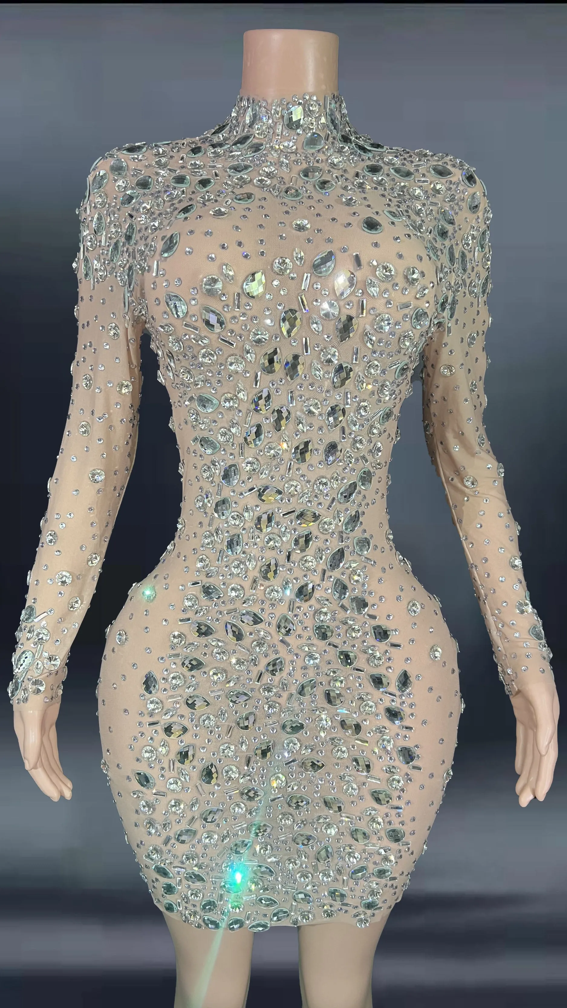 Sparkly Silver Big Rhinestone Transparent Long Dress