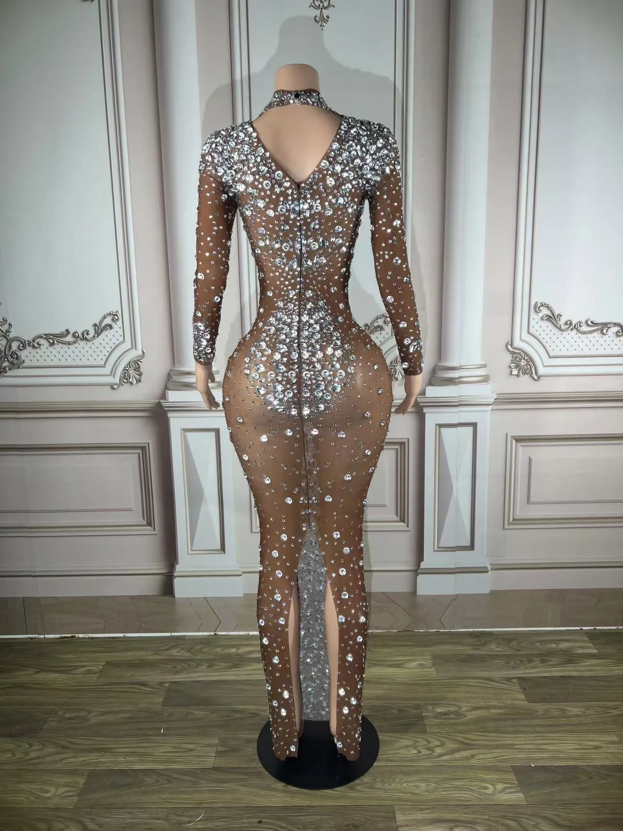 Sparkly Silver Big Rhinestone Transparent Long Dress