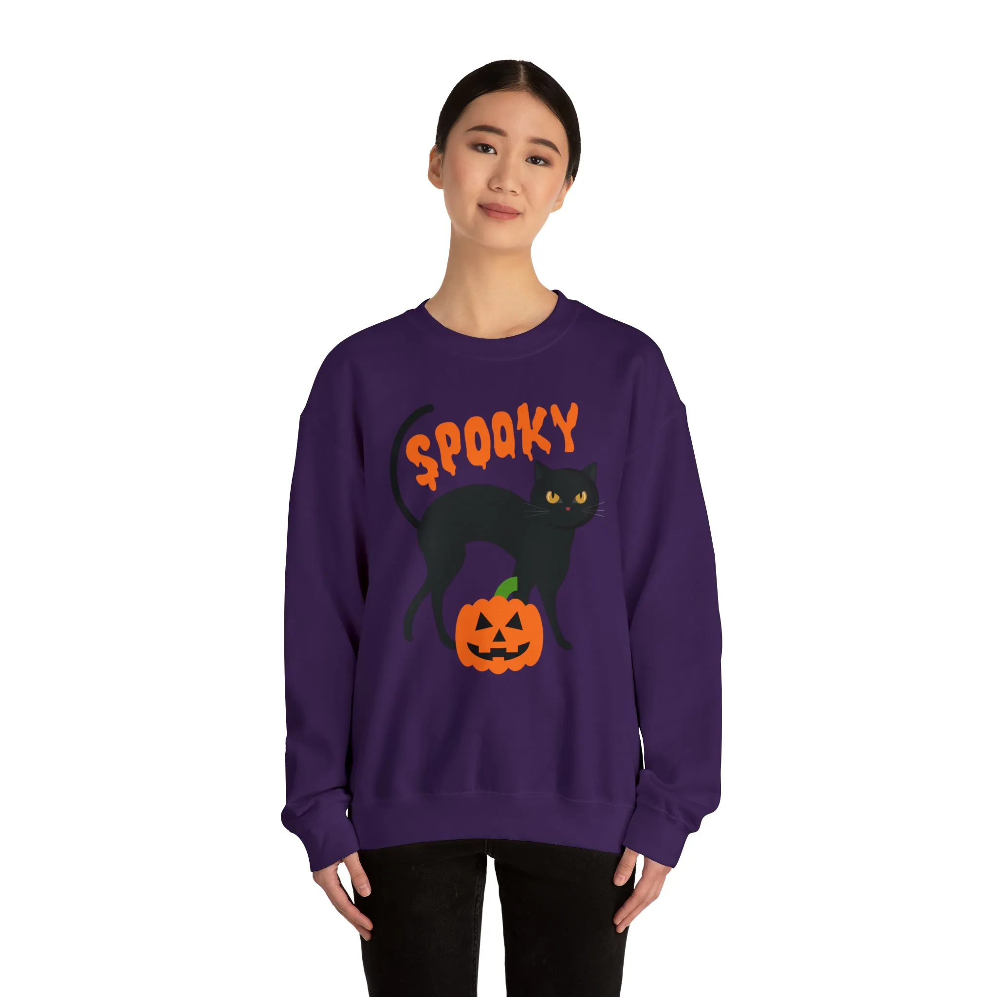Spooky Halloween Cat Sweatshirt, Autumn Pumpkin Shirt , Funny Black Cat Sweatshirt, Women's Fall Season Shirt, Fall Unisex Heavy Blend