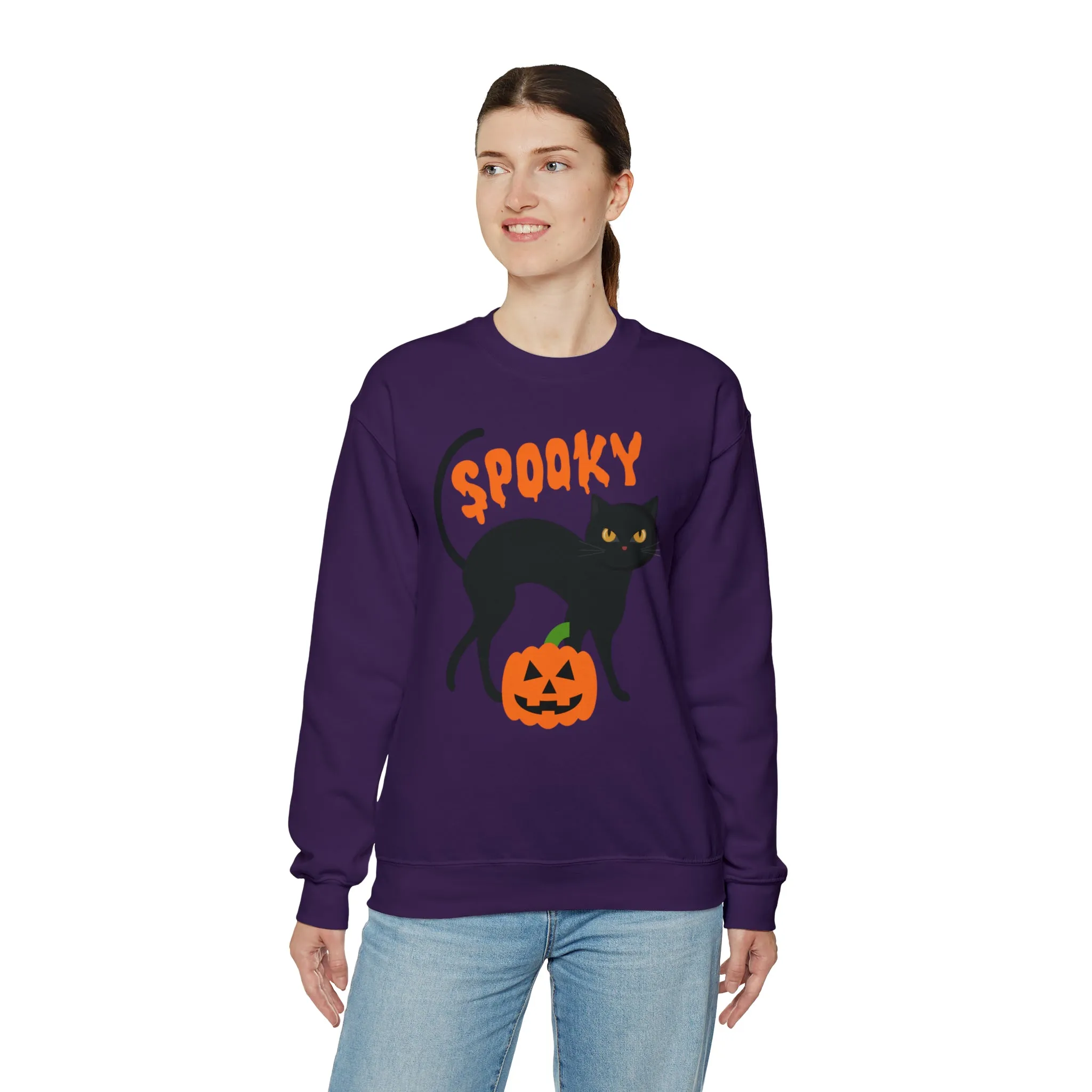Spooky Halloween Cat Sweatshirt, Autumn Pumpkin Shirt , Funny Black Cat Sweatshirt, Women's Fall Season Shirt, Fall Unisex Heavy Blend