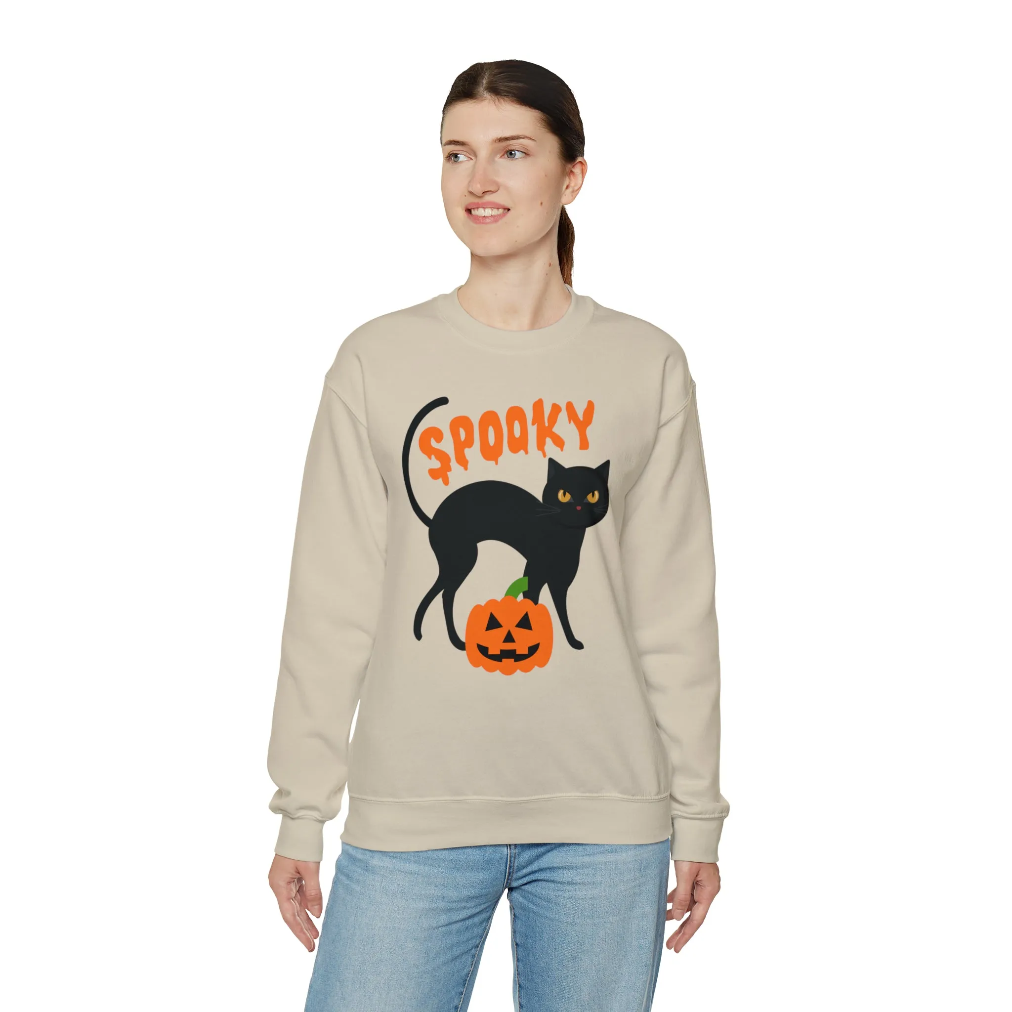 Spooky Halloween Cat Sweatshirt, Autumn Pumpkin Shirt , Funny Black Cat Sweatshirt, Women's Fall Season Shirt, Fall Unisex Heavy Blend