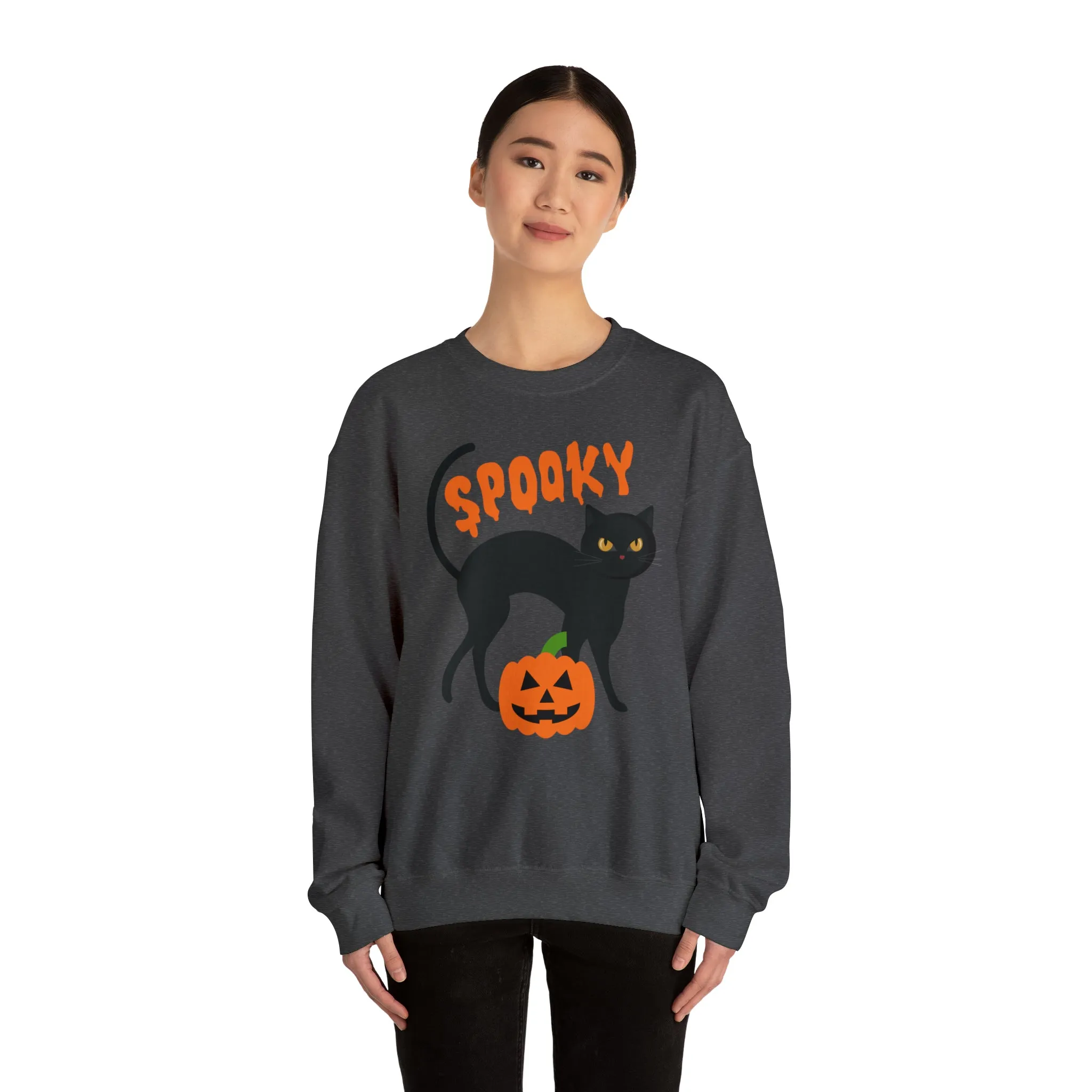 Spooky Halloween Cat Sweatshirt, Autumn Pumpkin Shirt , Funny Black Cat Sweatshirt, Women's Fall Season Shirt, Fall Unisex Heavy Blend