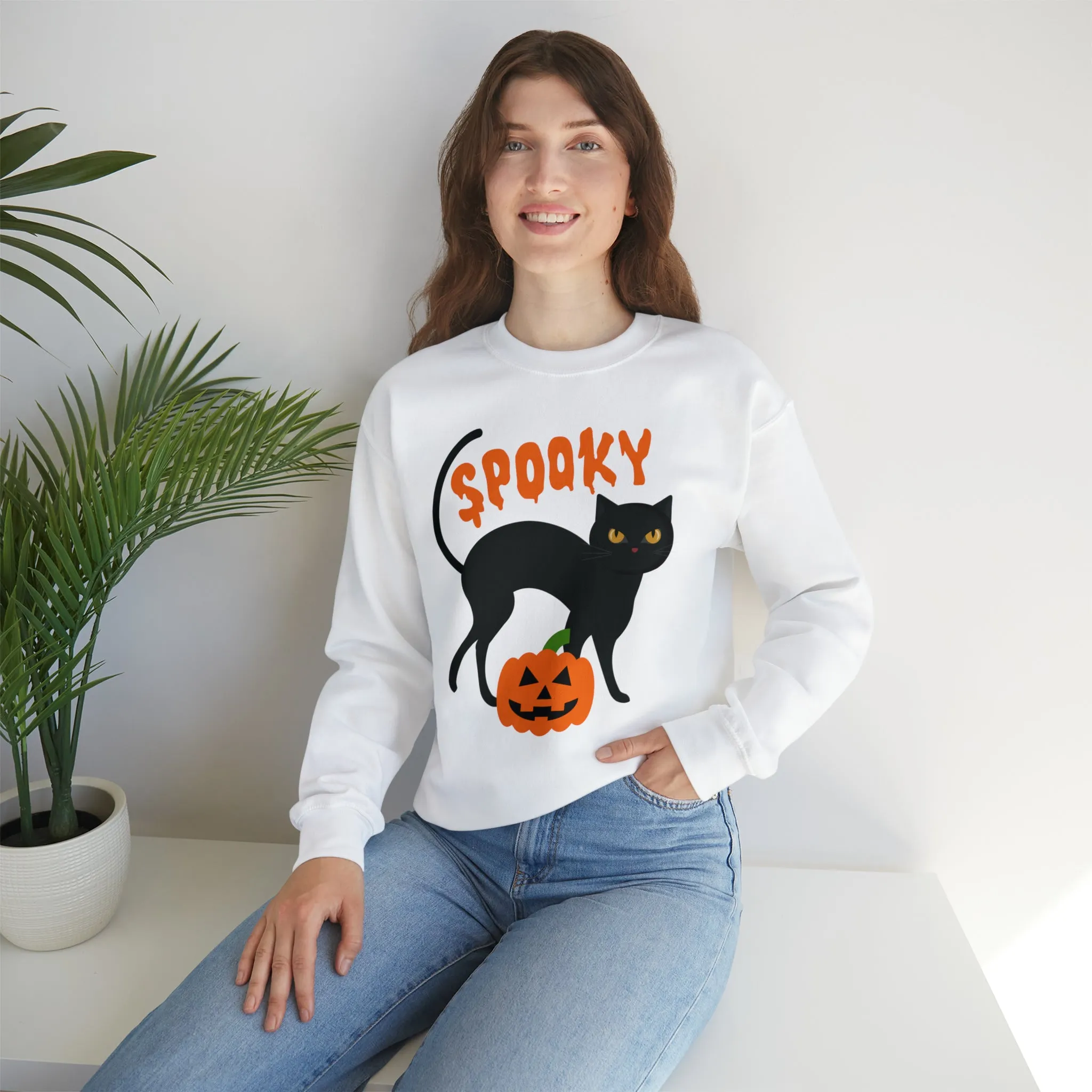 Spooky Halloween Cat Sweatshirt, Autumn Pumpkin Shirt , Funny Black Cat Sweatshirt, Women's Fall Season Shirt, Fall Unisex Heavy Blend