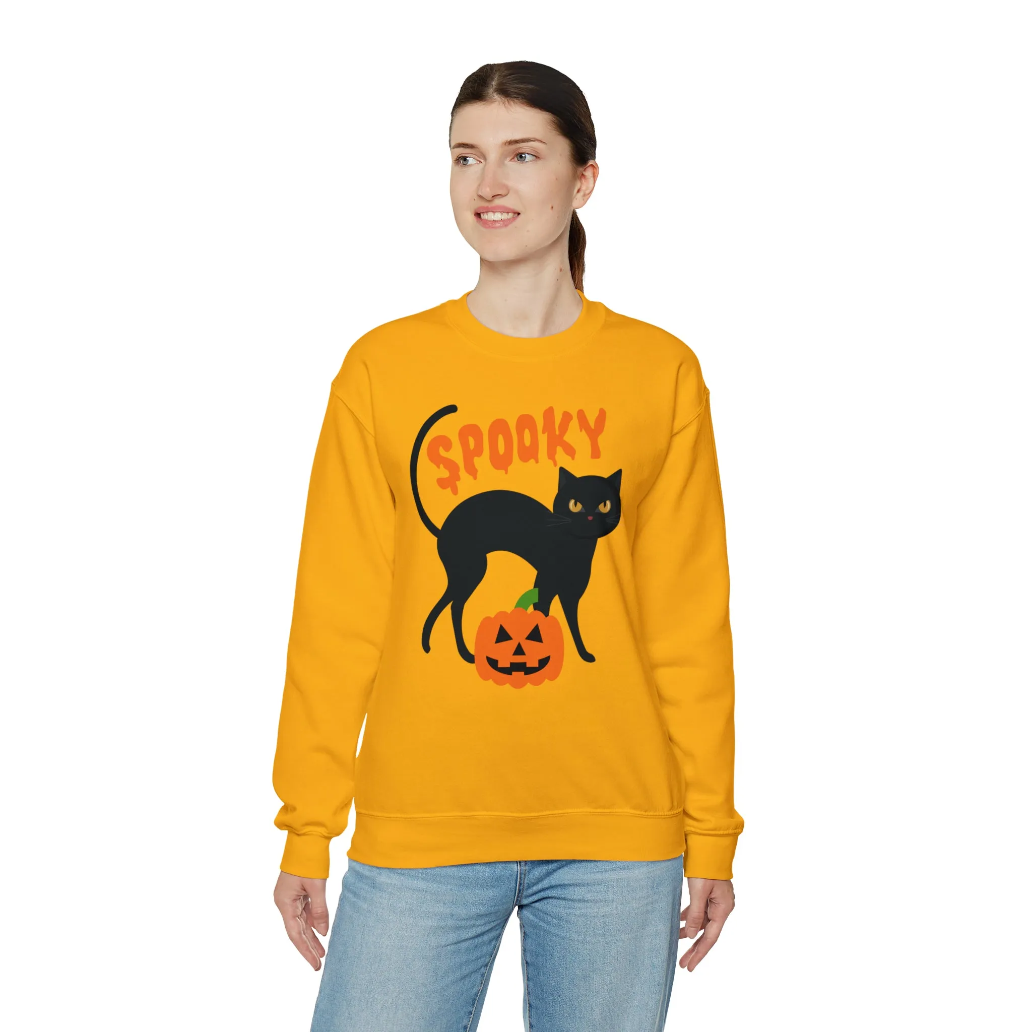 Spooky Halloween Cat Sweatshirt, Autumn Pumpkin Shirt , Funny Black Cat Sweatshirt, Women's Fall Season Shirt, Fall Unisex Heavy Blend