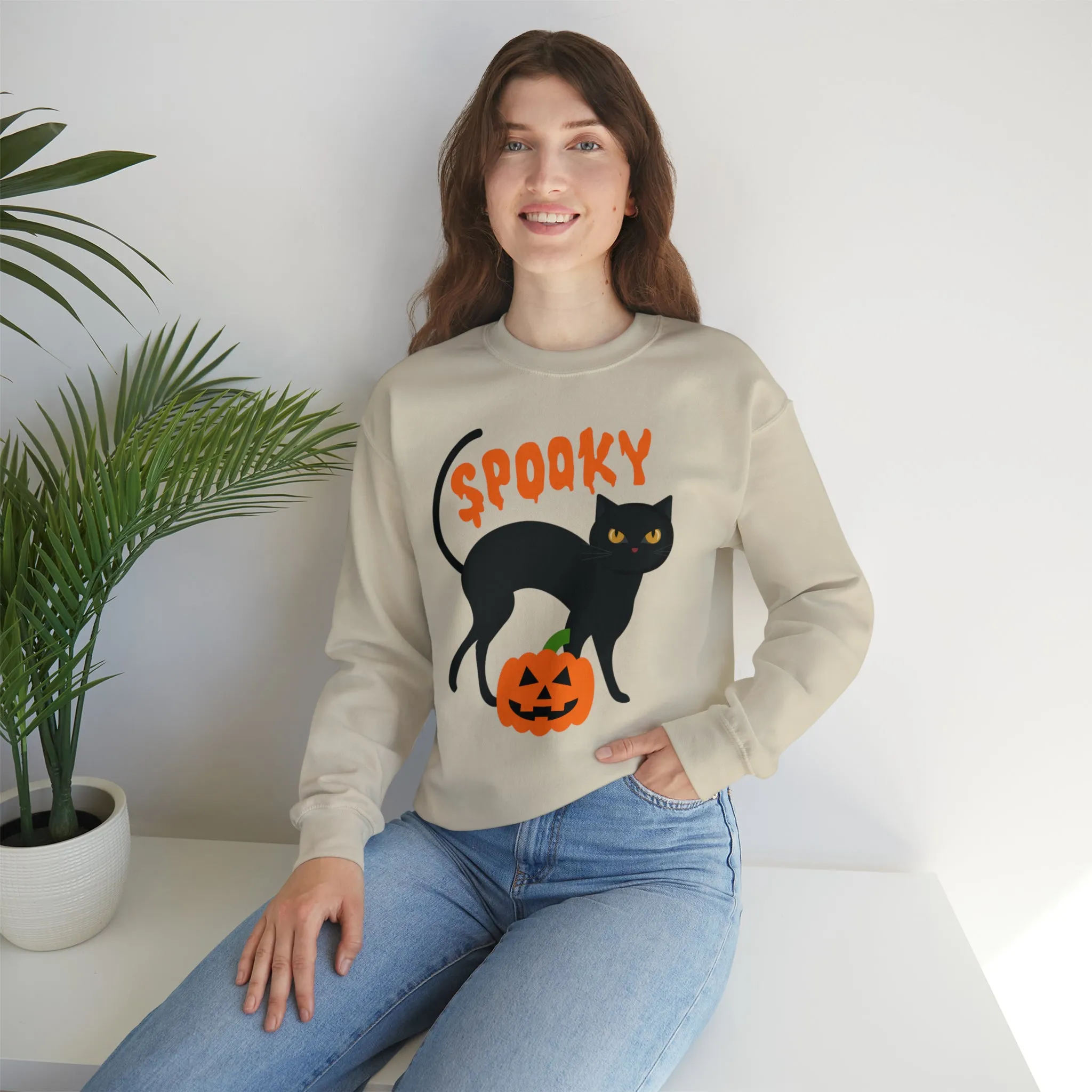 Spooky Halloween Cat Sweatshirt, Autumn Pumpkin Shirt , Funny Black Cat Sweatshirt, Women's Fall Season Shirt, Fall Unisex Heavy Blend