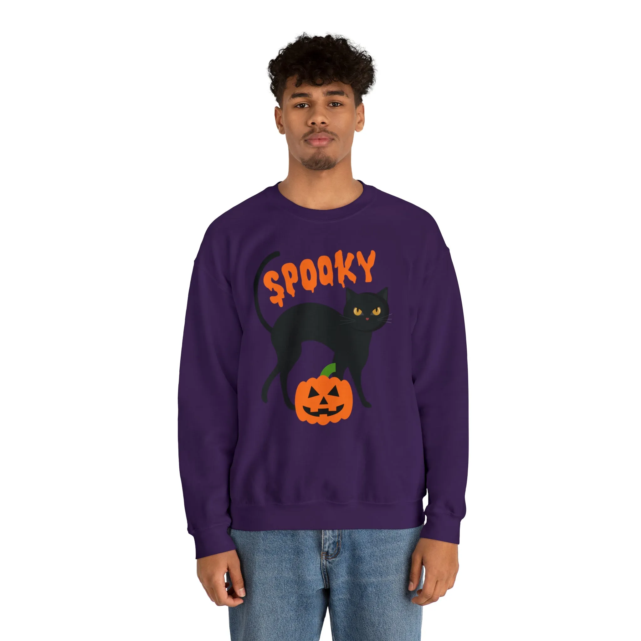 Spooky Halloween Cat Sweatshirt, Autumn Pumpkin Shirt , Funny Black Cat Sweatshirt, Women's Fall Season Shirt, Fall Unisex Heavy Blend
