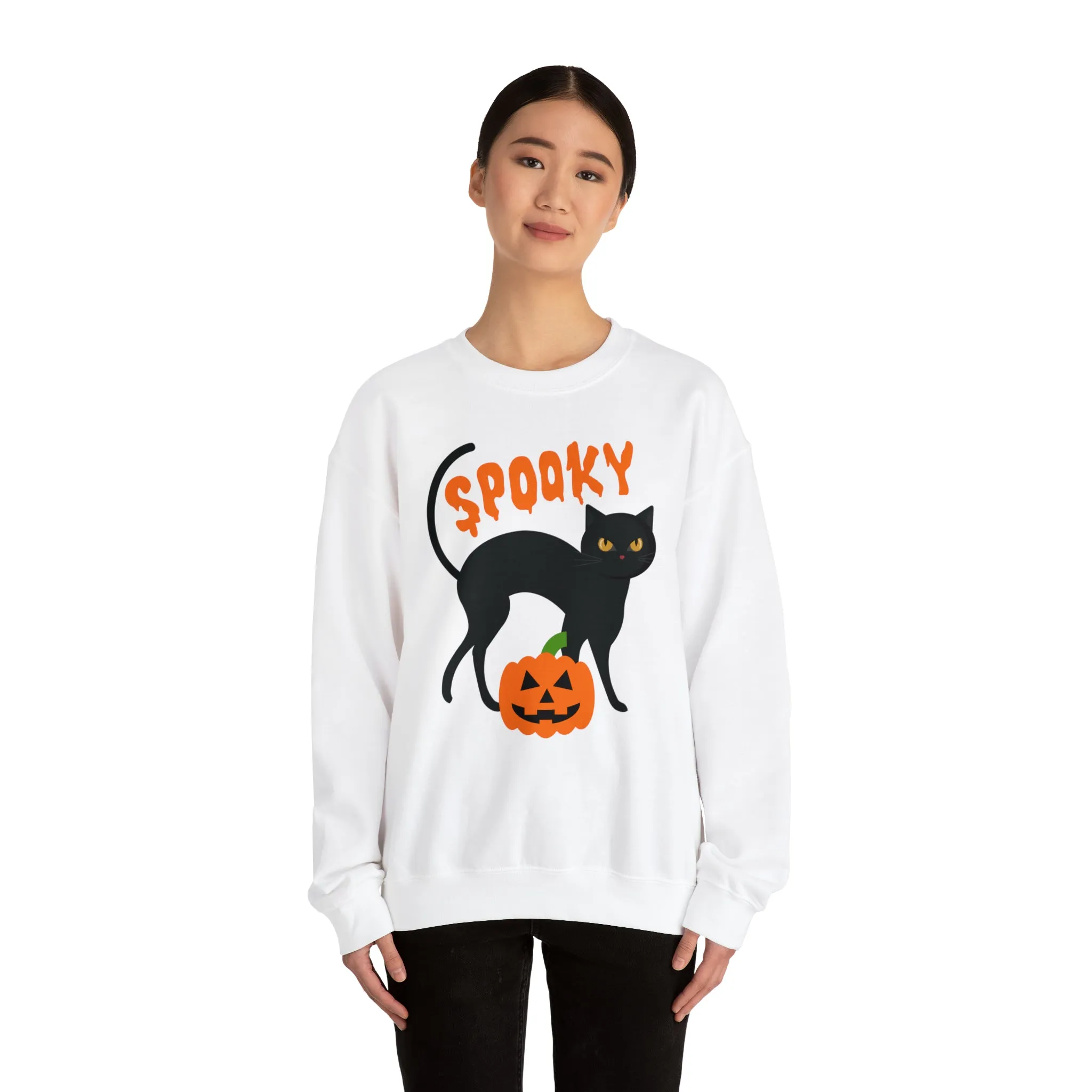 Spooky Halloween Cat Sweatshirt, Autumn Pumpkin Shirt , Funny Black Cat Sweatshirt, Women's Fall Season Shirt, Fall Unisex Heavy Blend