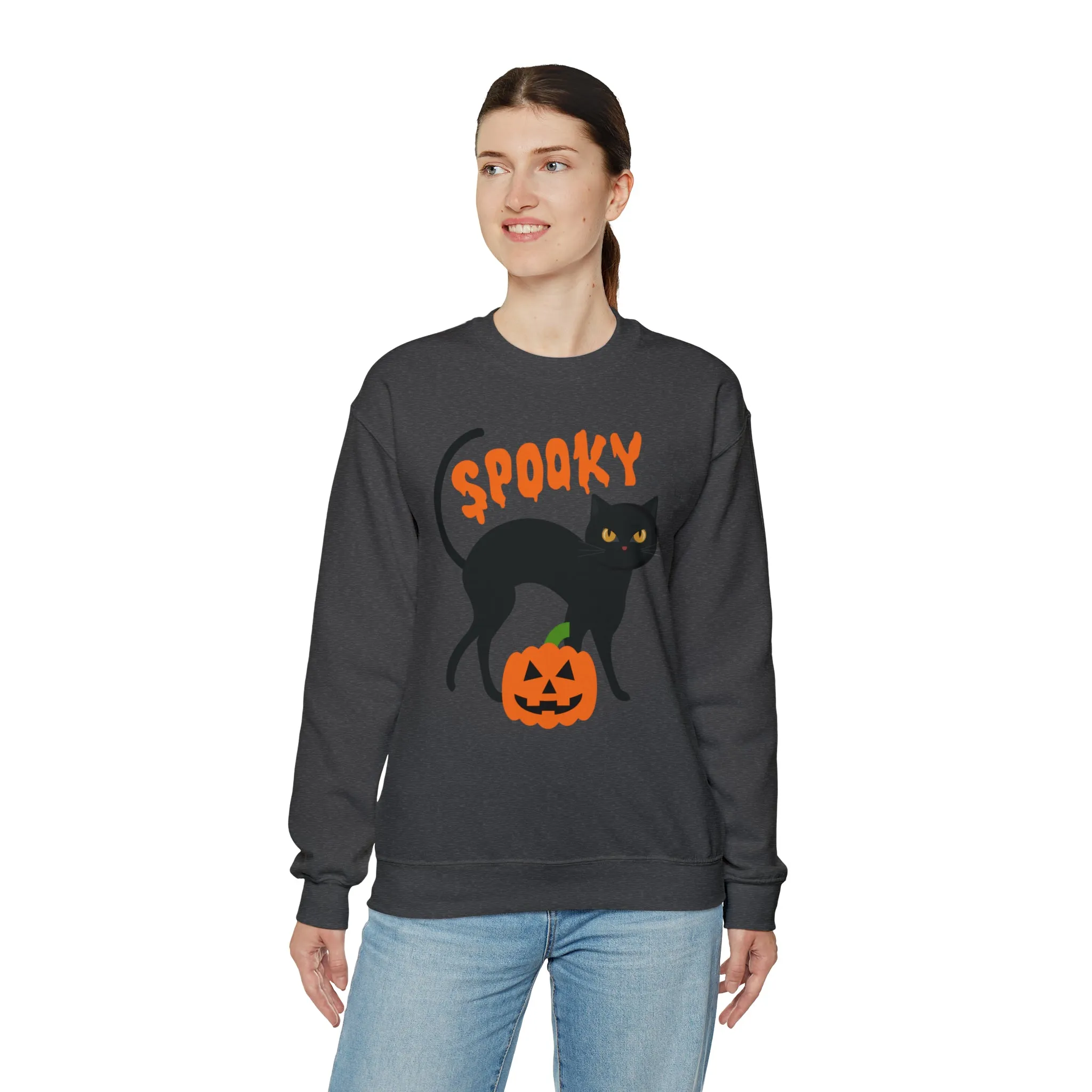 Spooky Halloween Cat Sweatshirt, Autumn Pumpkin Shirt , Funny Black Cat Sweatshirt, Women's Fall Season Shirt, Fall Unisex Heavy Blend