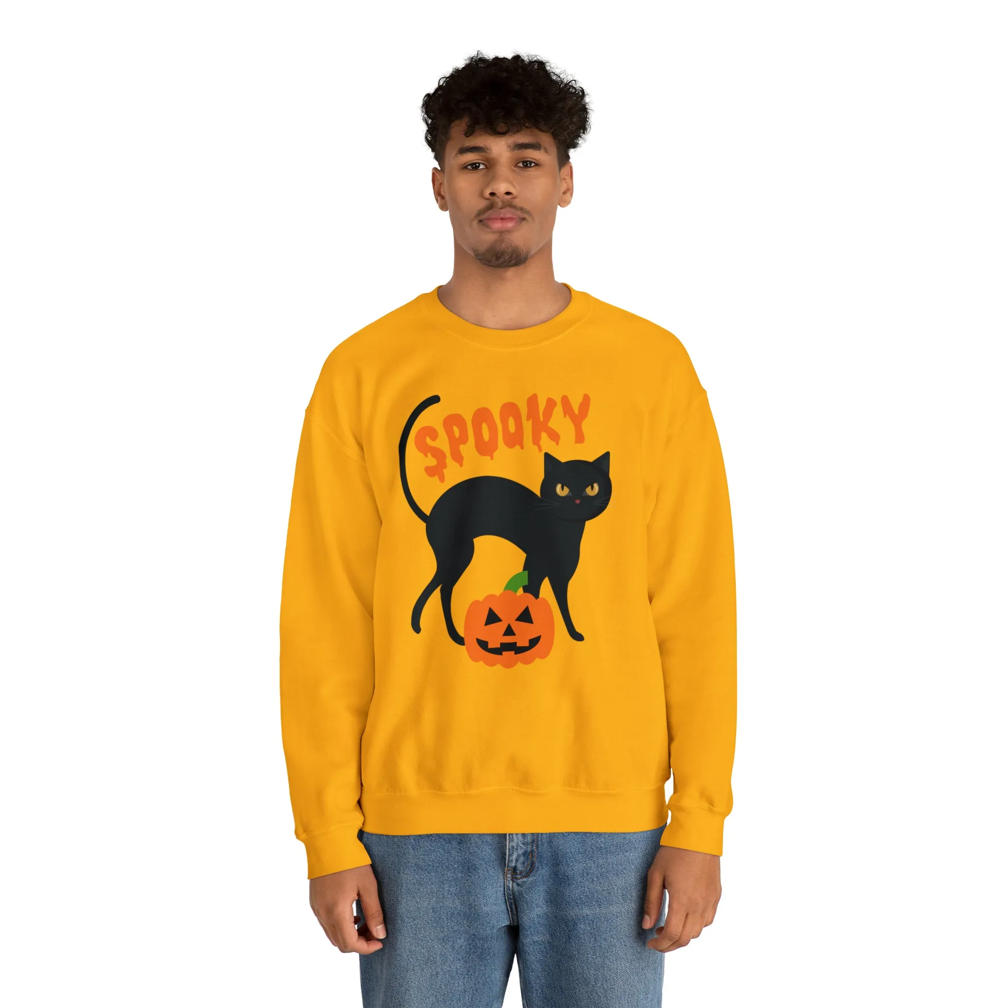Spooky Halloween Cat Sweatshirt, Autumn Pumpkin Shirt , Funny Black Cat Sweatshirt, Women's Fall Season Shirt, Fall Unisex Heavy Blend