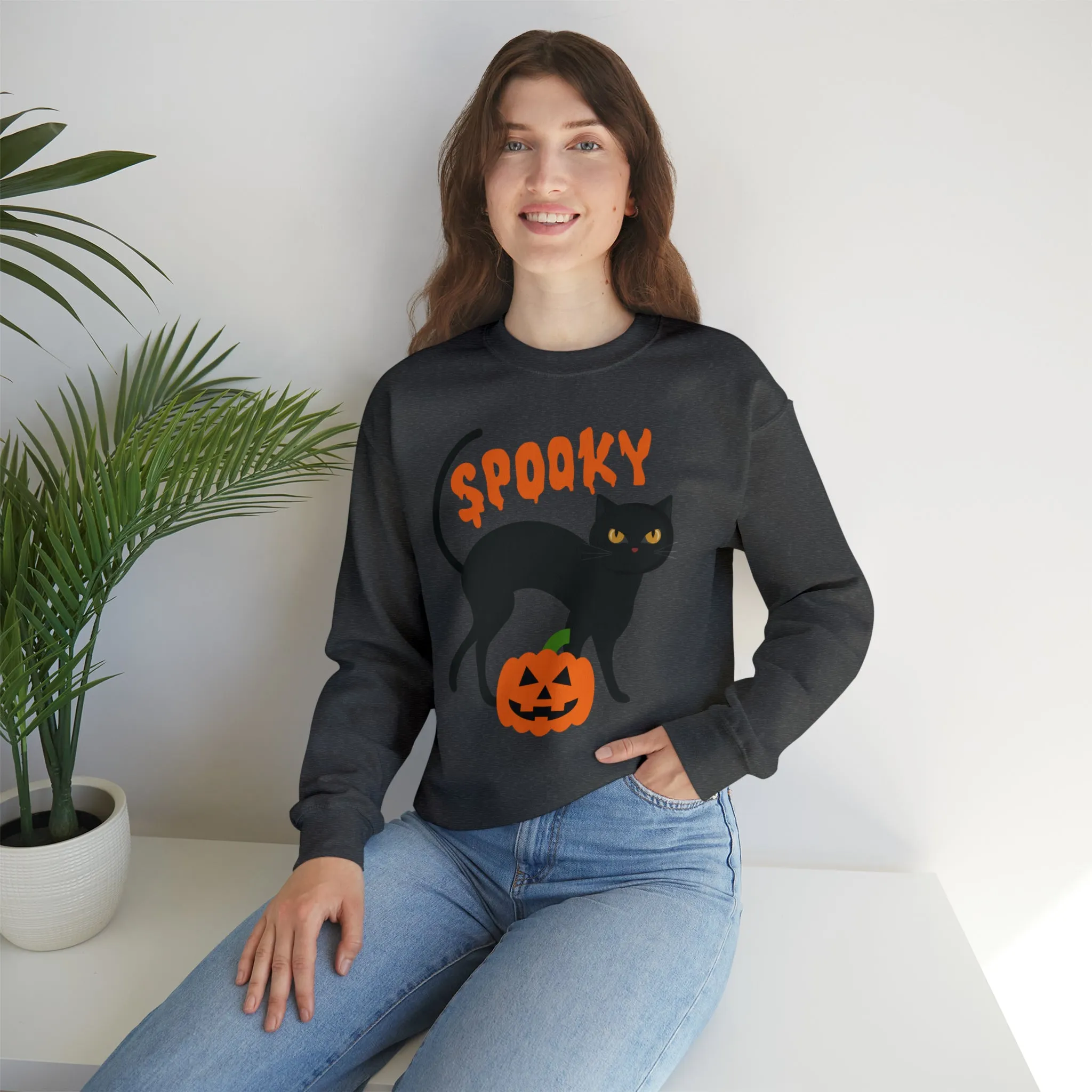 Spooky Halloween Cat Sweatshirt, Autumn Pumpkin Shirt , Funny Black Cat Sweatshirt, Women's Fall Season Shirt, Fall Unisex Heavy Blend