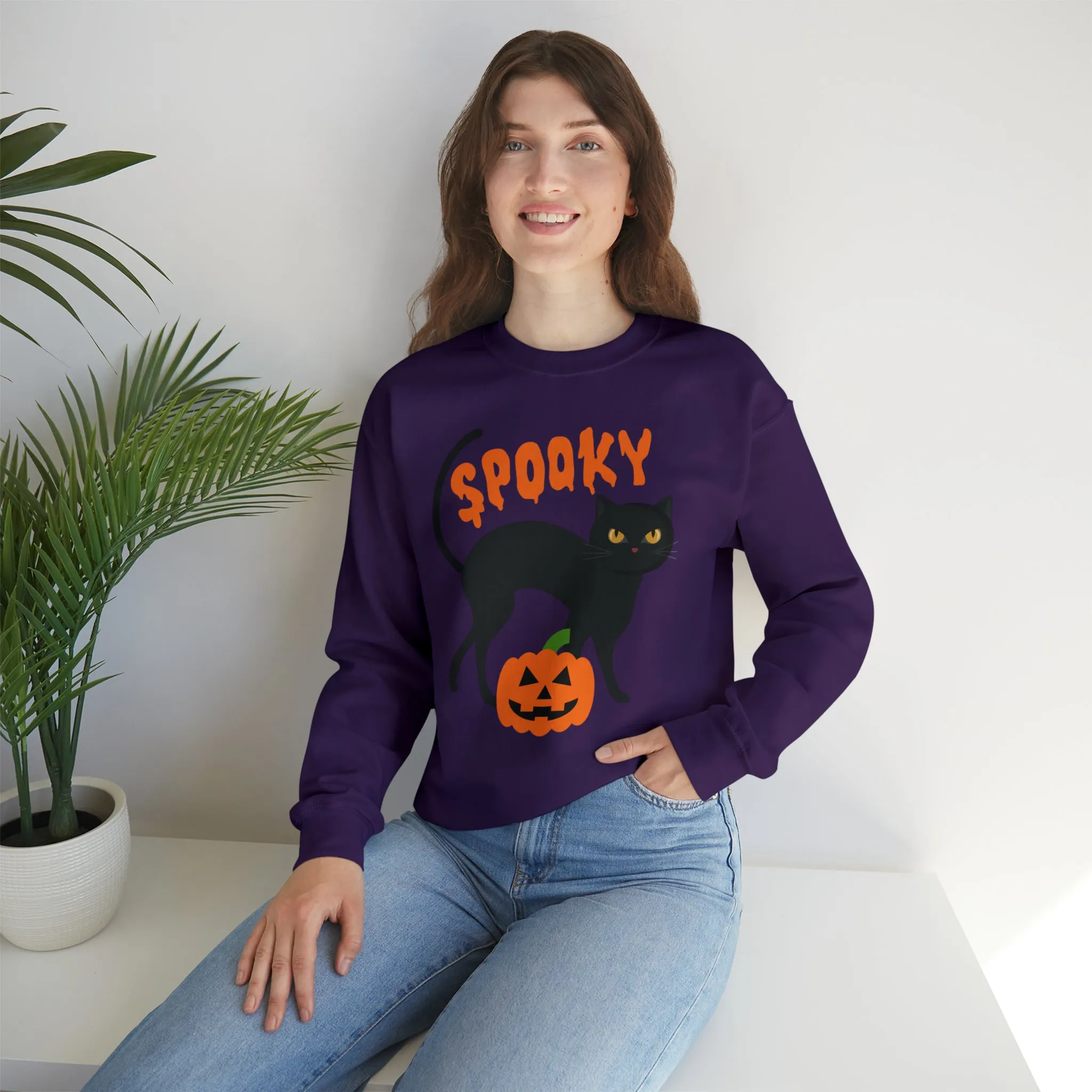 Spooky Halloween Cat Sweatshirt, Autumn Pumpkin Shirt , Funny Black Cat Sweatshirt, Women's Fall Season Shirt, Fall Unisex Heavy Blend