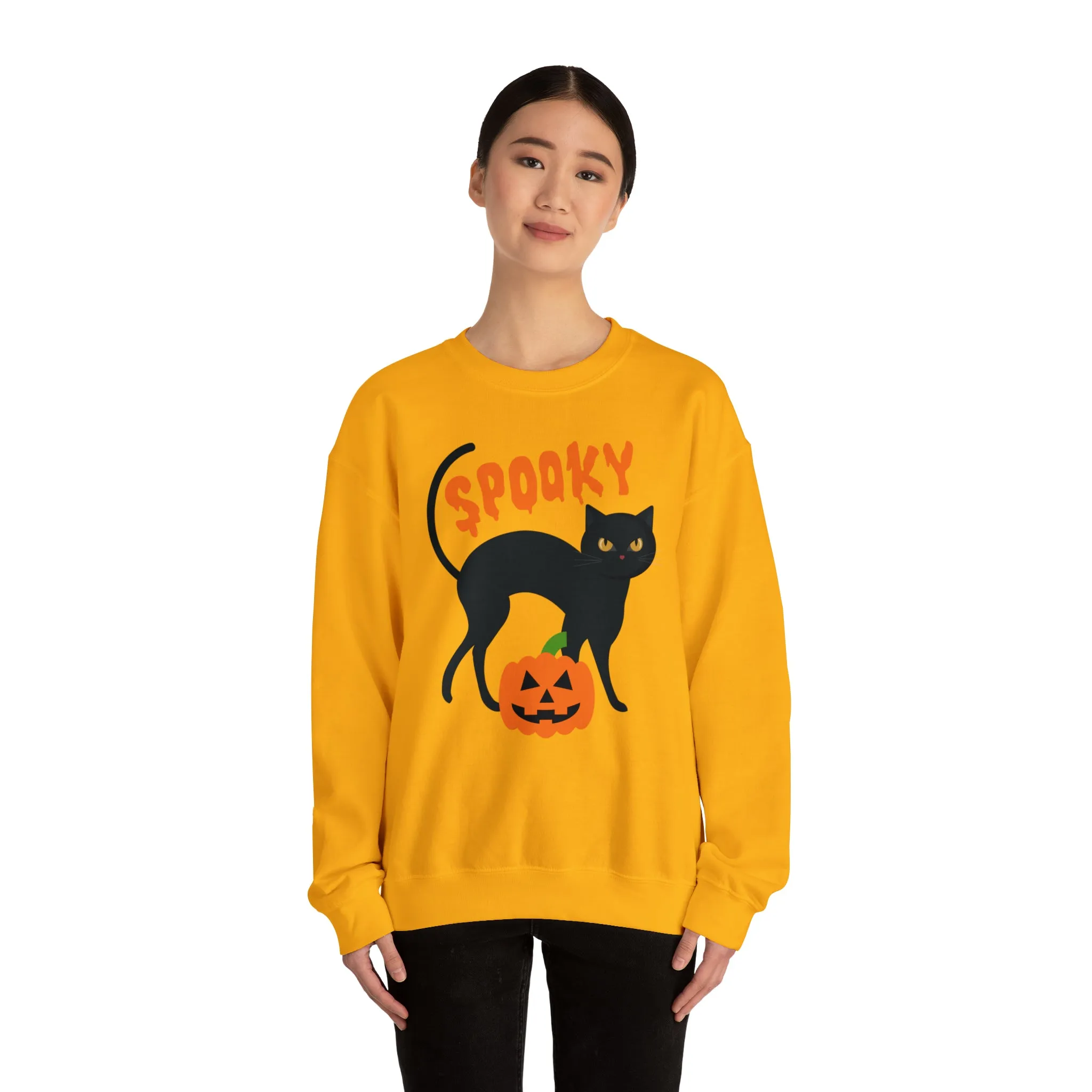 Spooky Halloween Cat Sweatshirt, Autumn Pumpkin Shirt , Funny Black Cat Sweatshirt, Women's Fall Season Shirt, Fall Unisex Heavy Blend