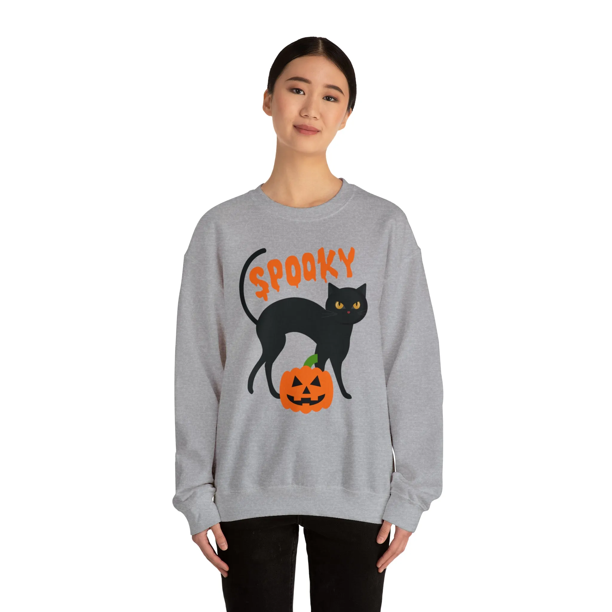 Spooky Halloween Cat Sweatshirt, Autumn Pumpkin Shirt , Funny Black Cat Sweatshirt, Women's Fall Season Shirt, Fall Unisex Heavy Blend