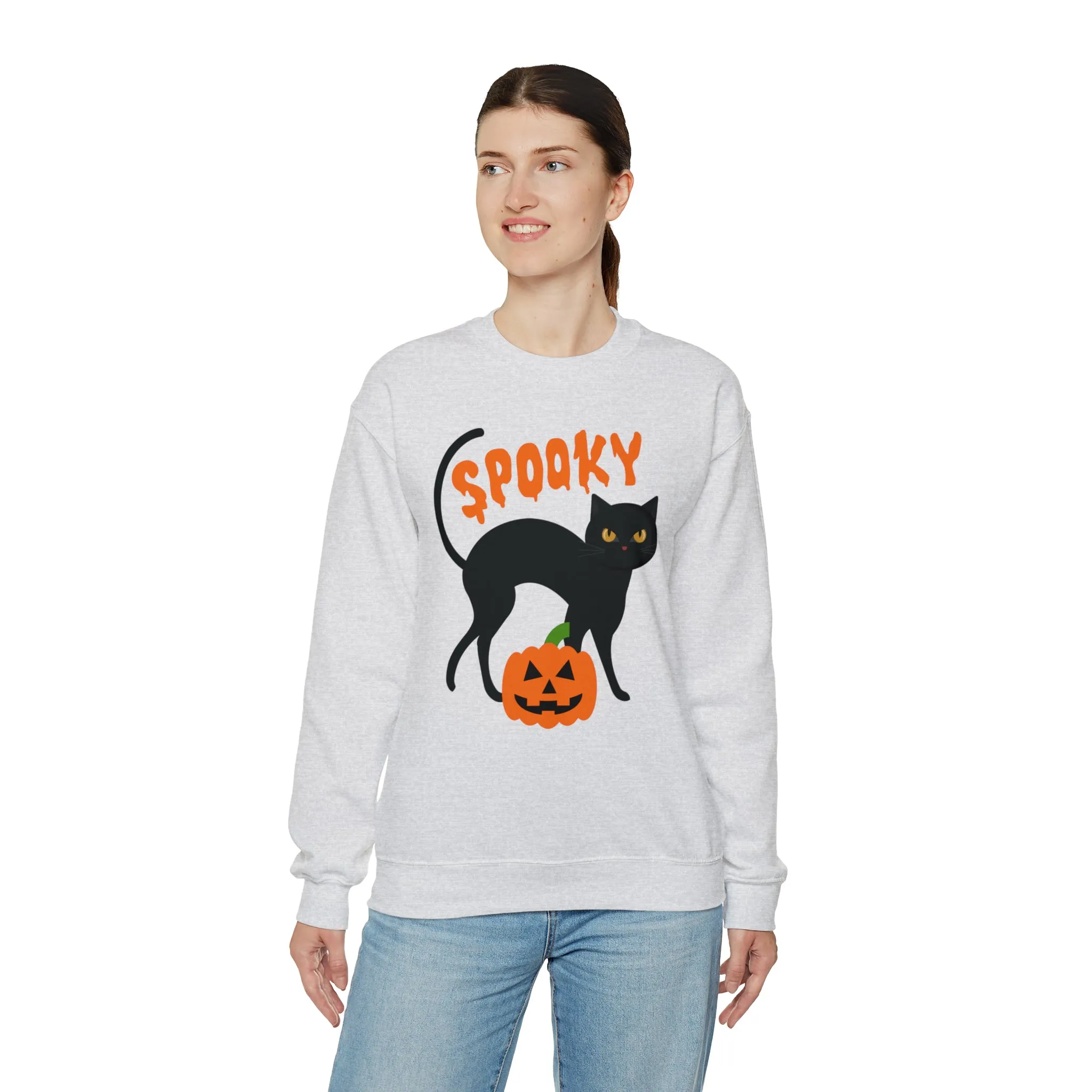Spooky Halloween Cat Sweatshirt, Autumn Pumpkin Shirt , Funny Black Cat Sweatshirt, Women's Fall Season Shirt, Fall Unisex Heavy Blend