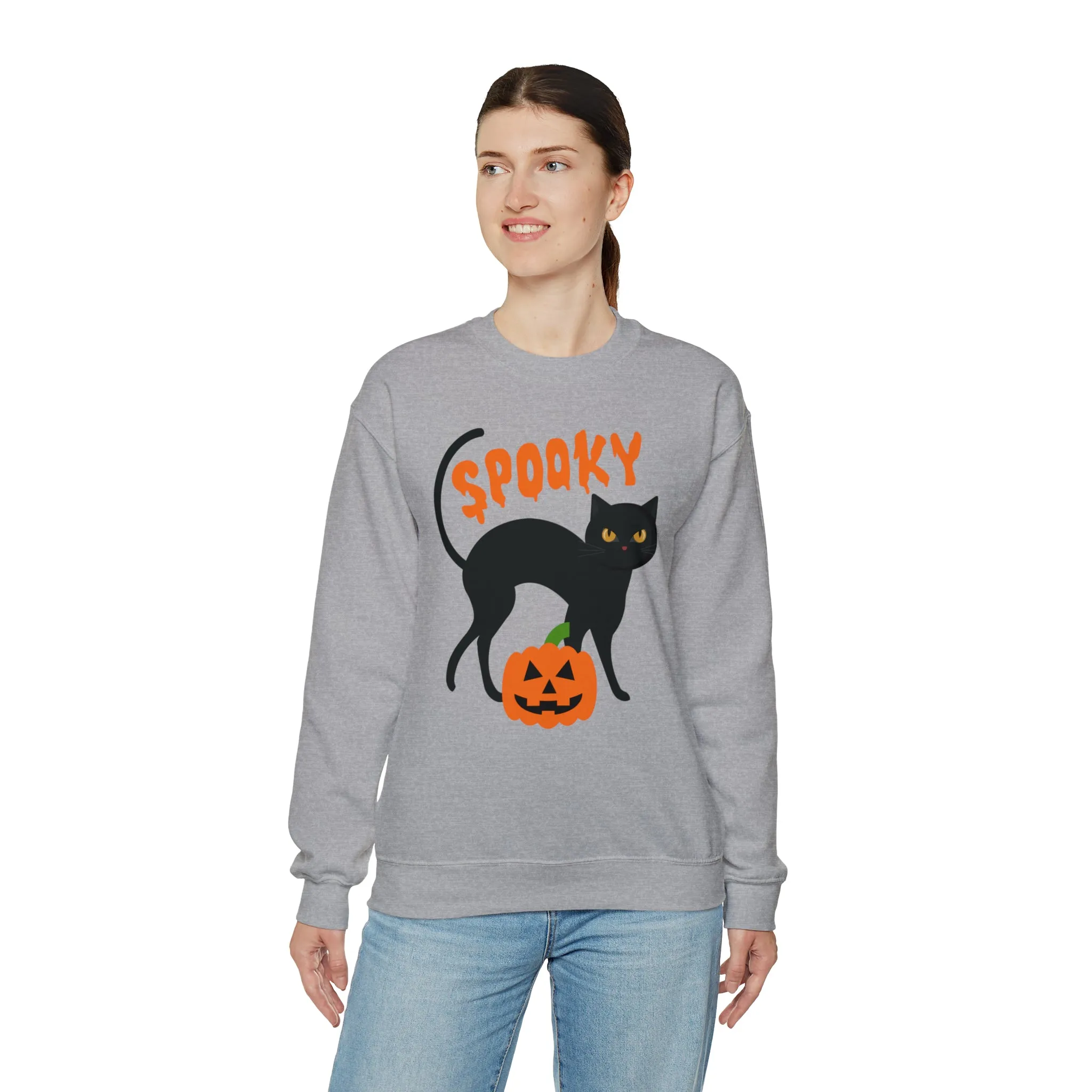 Spooky Halloween Cat Sweatshirt, Autumn Pumpkin Shirt , Funny Black Cat Sweatshirt, Women's Fall Season Shirt, Fall Unisex Heavy Blend
