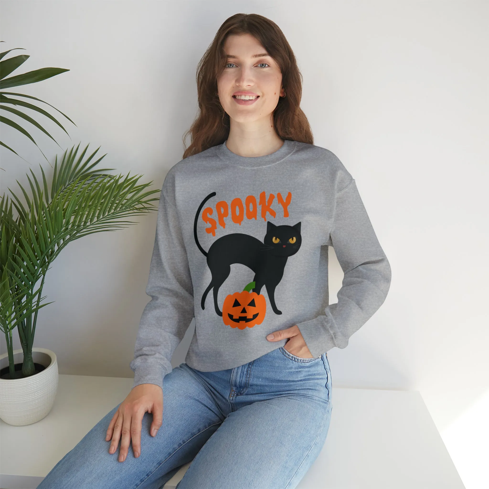Spooky Halloween Cat Sweatshirt, Autumn Pumpkin Shirt , Funny Black Cat Sweatshirt, Women's Fall Season Shirt, Fall Unisex Heavy Blend