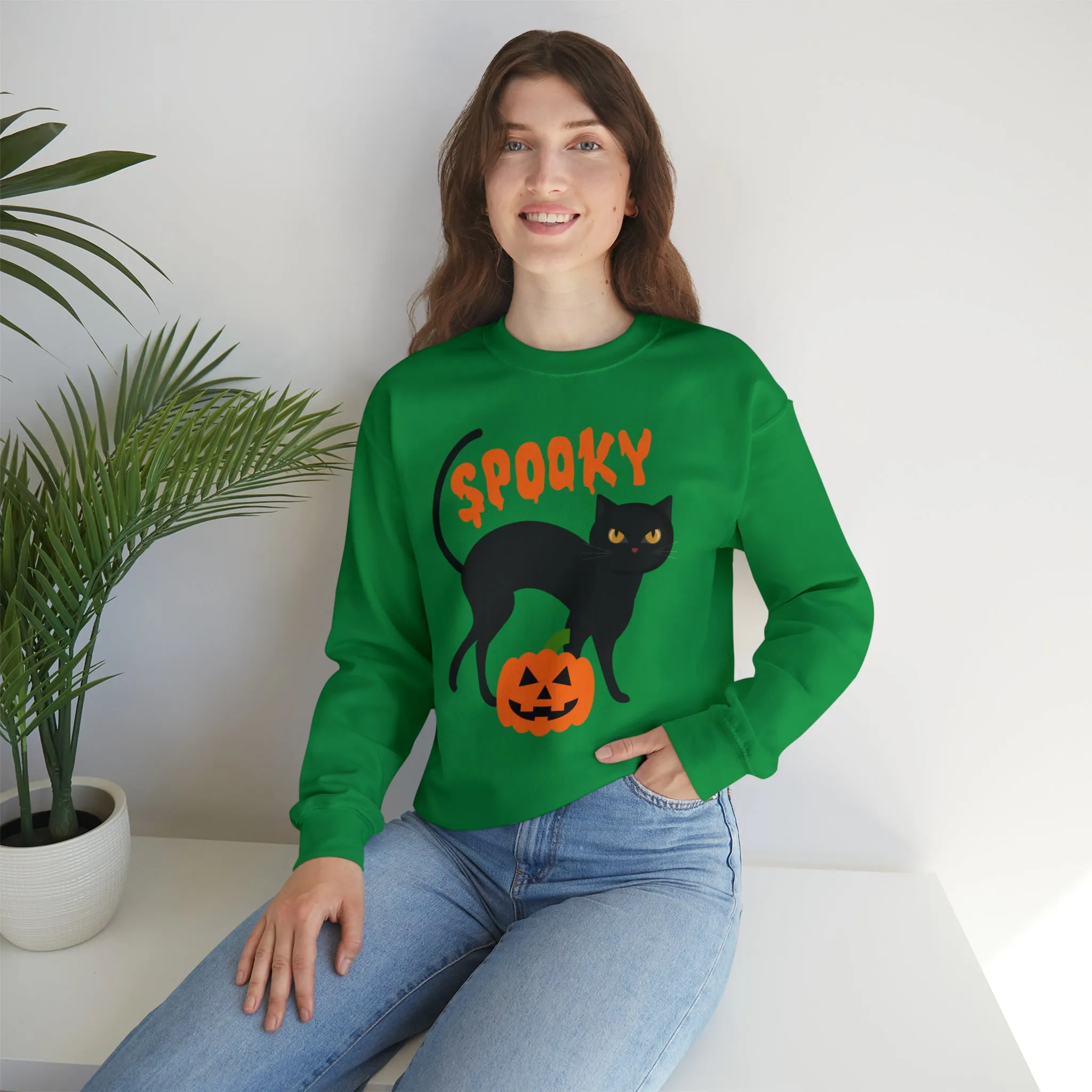 Spooky Halloween Cat Sweatshirt, Autumn Pumpkin Shirt , Funny Black Cat Sweatshirt, Women's Fall Season Shirt, Fall Unisex Heavy Blend
