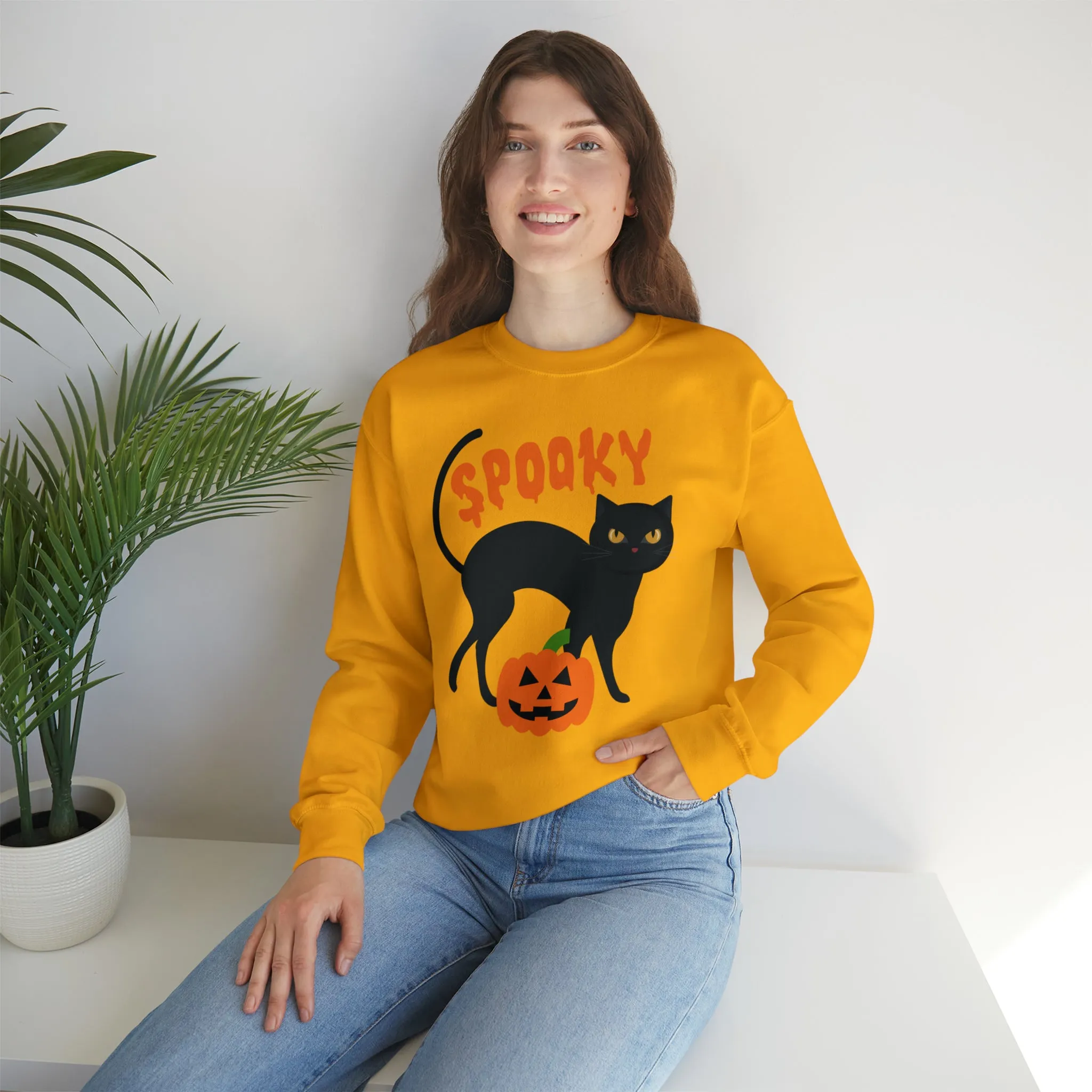 Spooky Halloween Cat Sweatshirt, Autumn Pumpkin Shirt , Funny Black Cat Sweatshirt, Women's Fall Season Shirt, Fall Unisex Heavy Blend