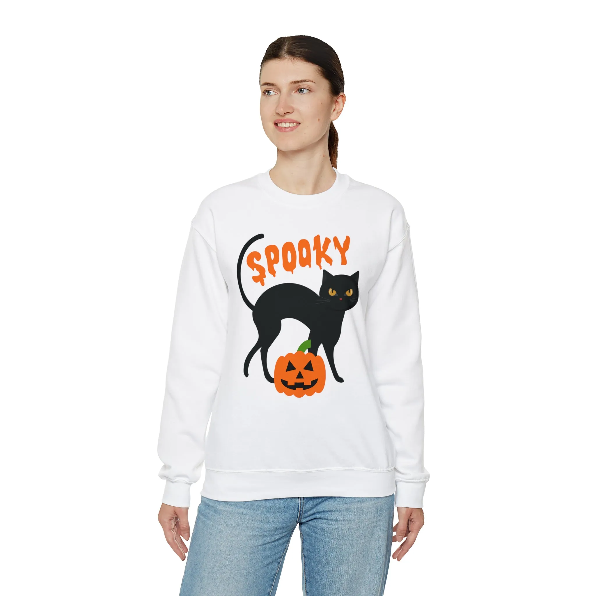Spooky Halloween Cat Sweatshirt, Autumn Pumpkin Shirt , Funny Black Cat Sweatshirt, Women's Fall Season Shirt, Fall Unisex Heavy Blend