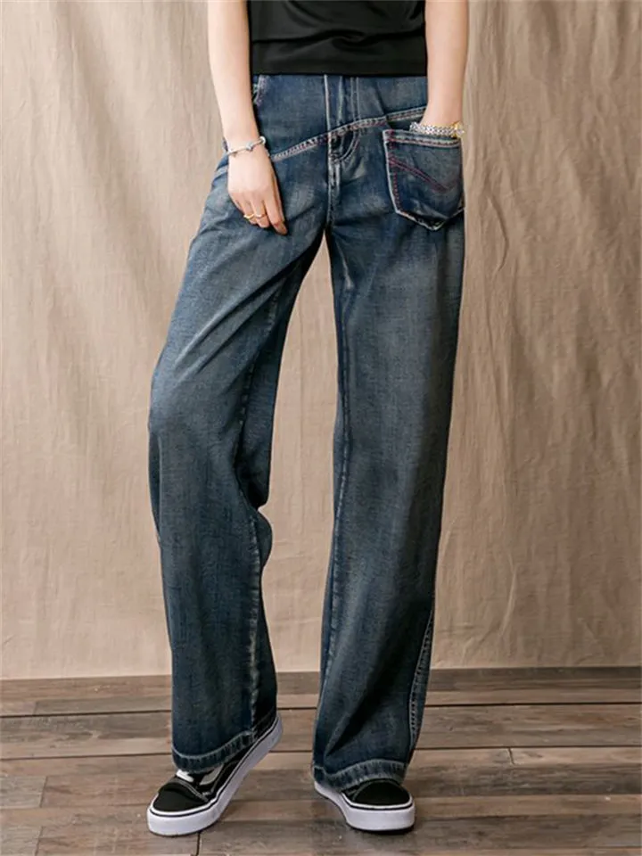 Spring High Waist Loose Straight-Leg Blue Jeans for Women
