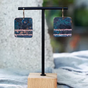 Square Copper Blue Patina Earrings