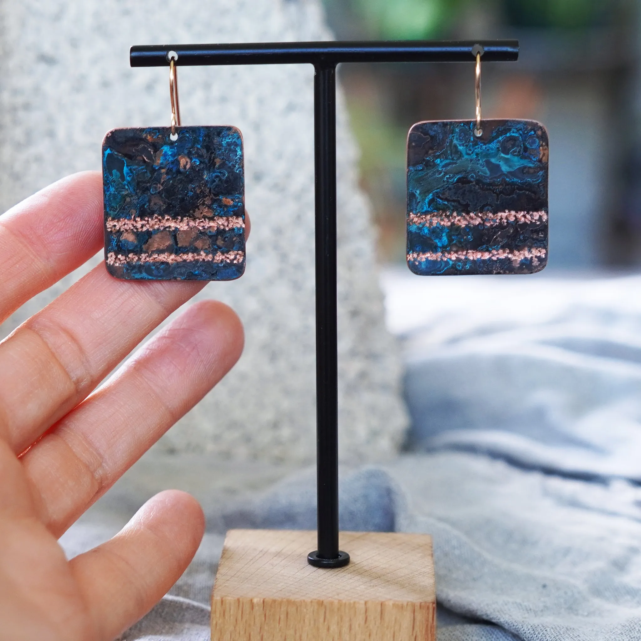 Square Copper Blue Patina Earrings