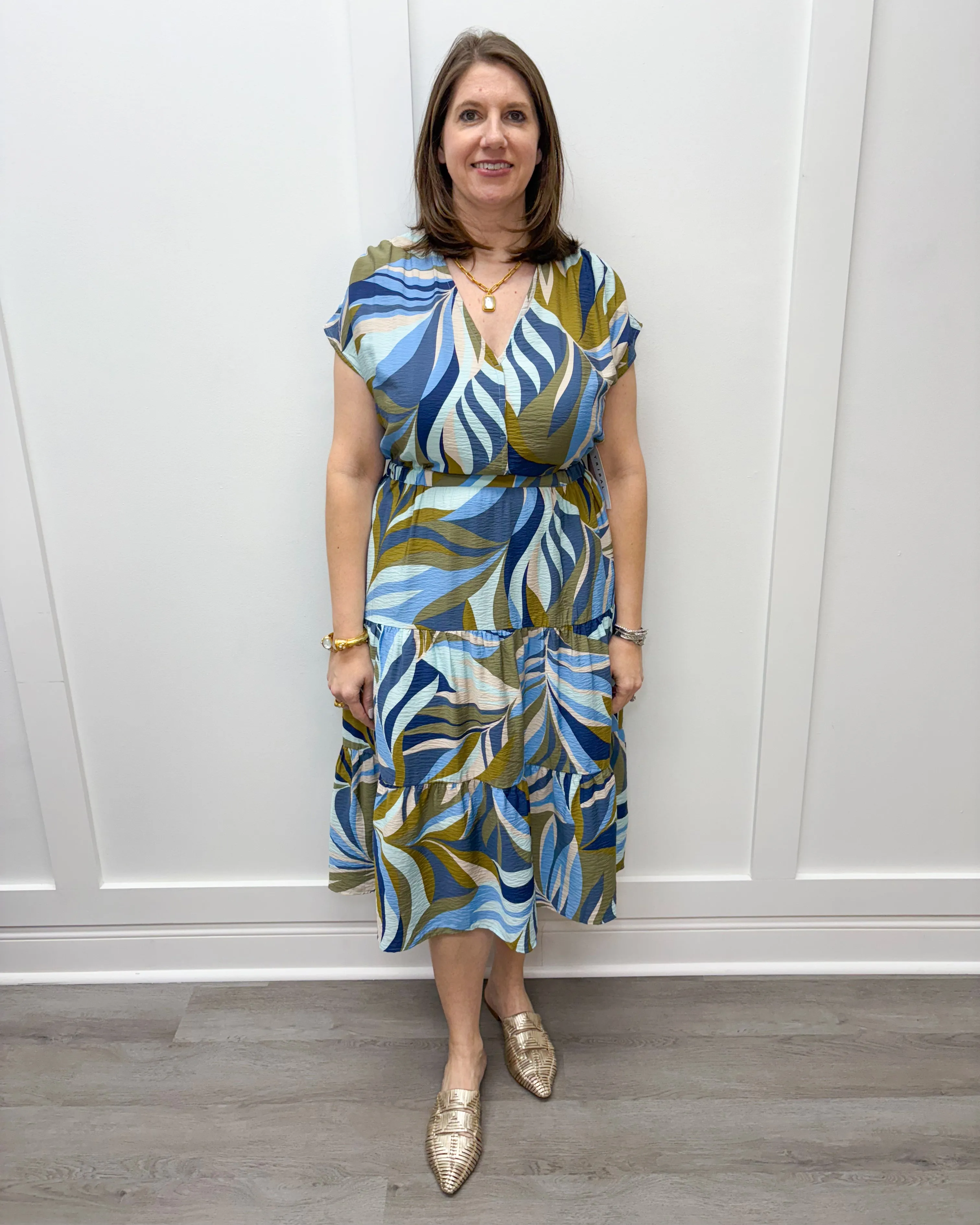 S/S V-Neck Tiered Dress - Loden