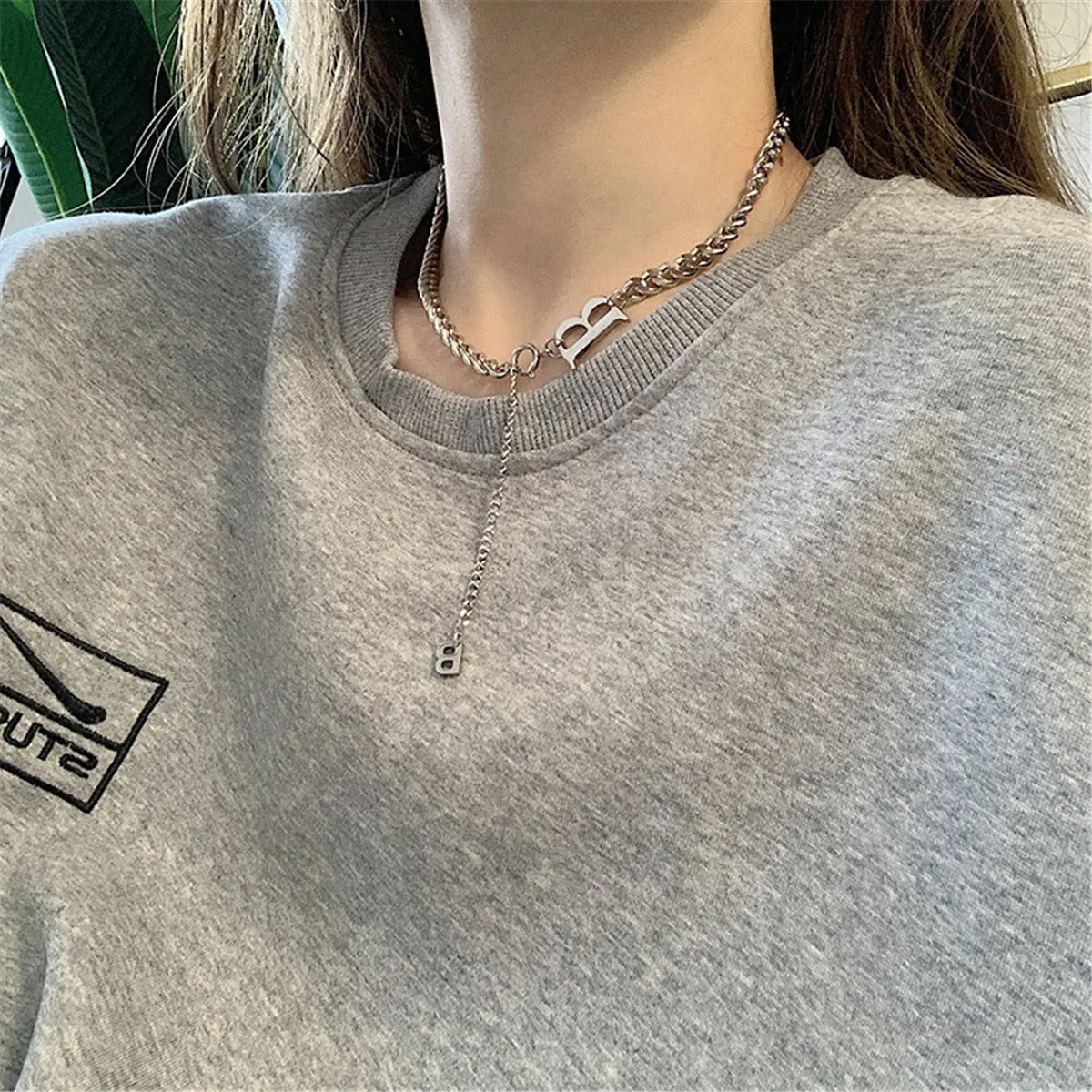 Stainless Steel 'B' Cuban Chain Lariat Necklace