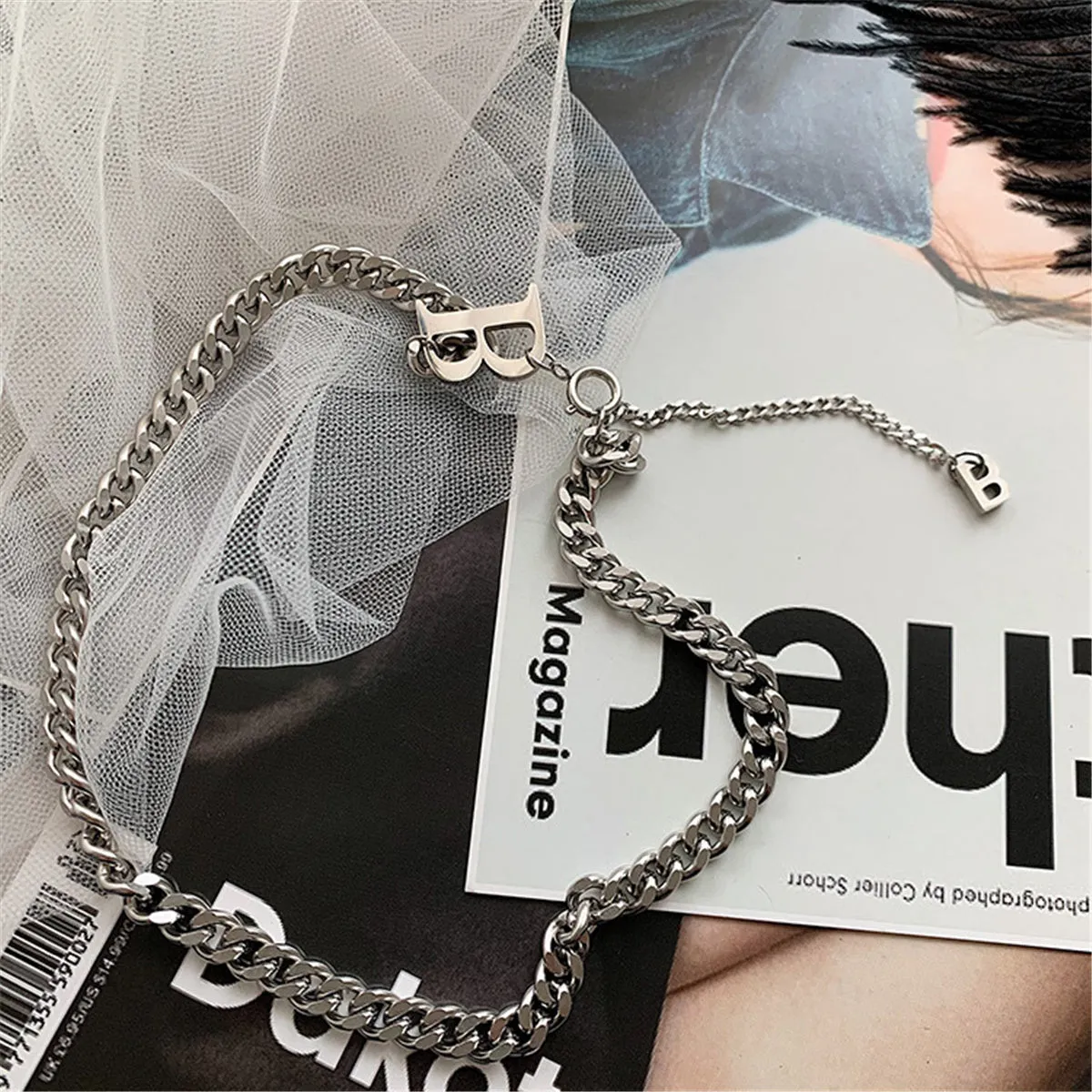 Stainless Steel 'B' Cuban Chain Lariat Necklace