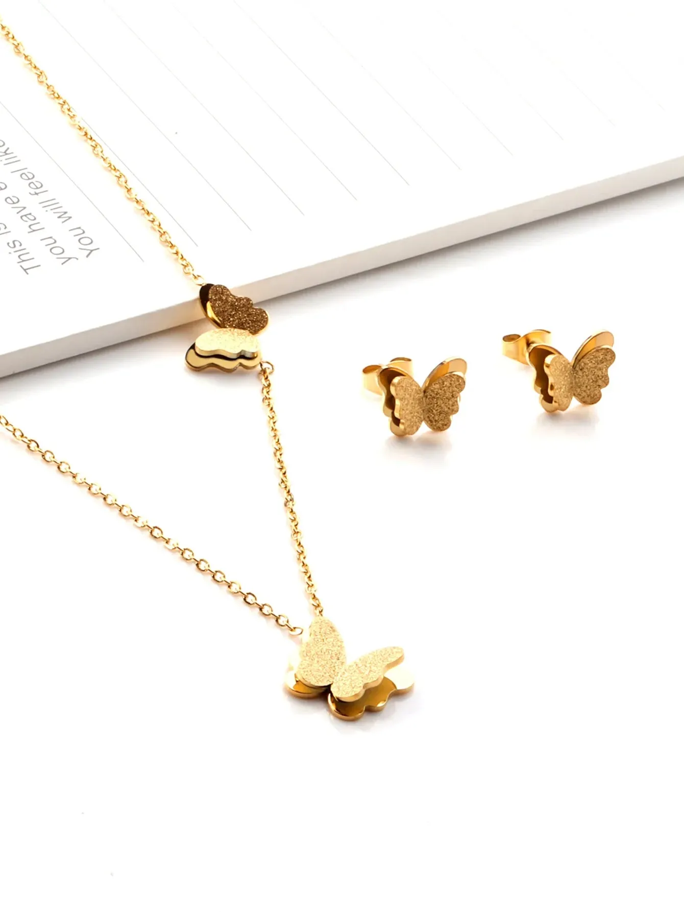Stainless Steel Butterfly Pendant Necklace and Earring Jewelry Set - FD ⚡