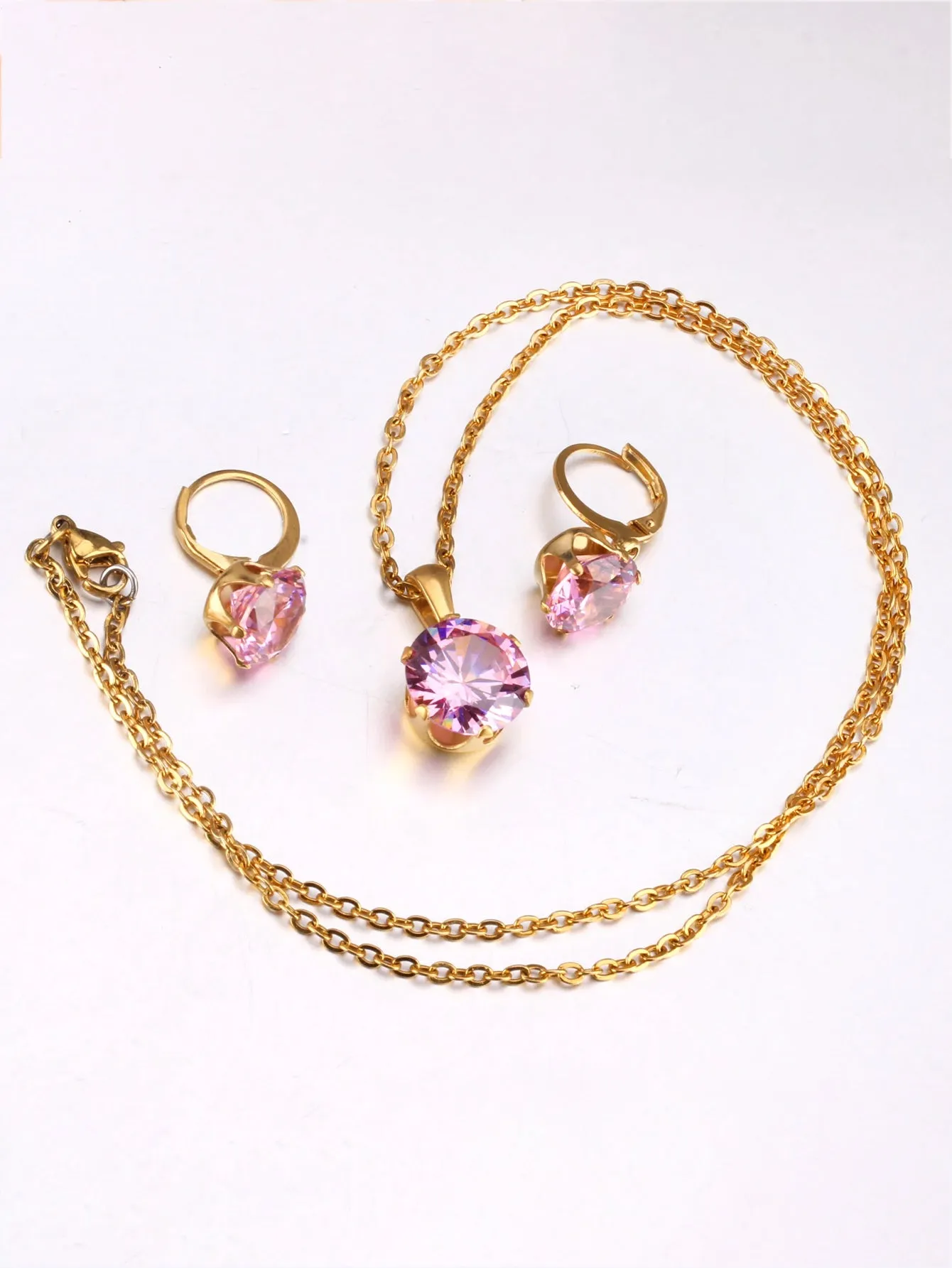 Stainless steel Cubic Zircon Pendant Necklace Earrings Jewelry Set - FD ⚡