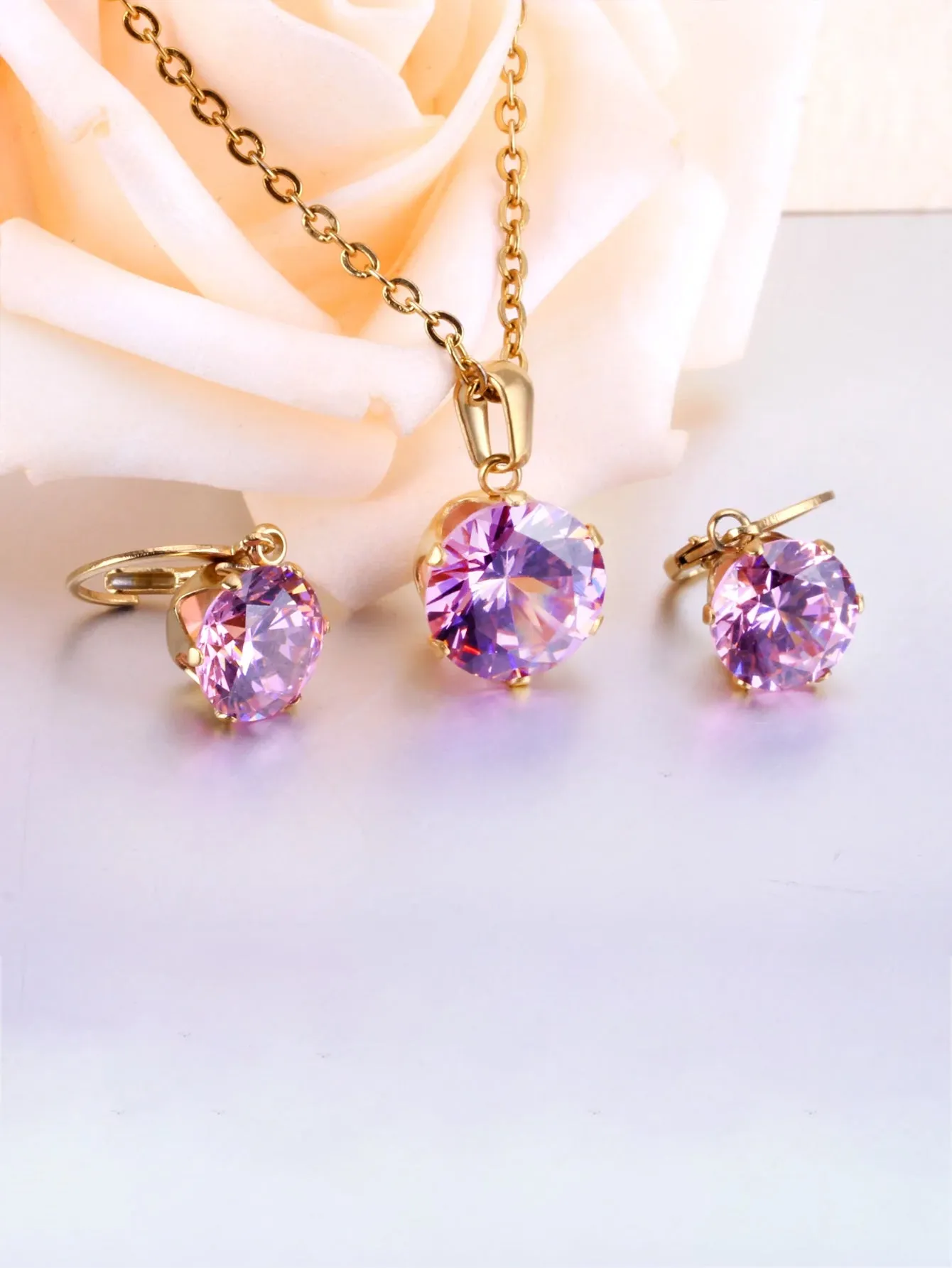 Stainless steel Cubic Zircon Pendant Necklace Earrings Jewelry Set - FD ⚡