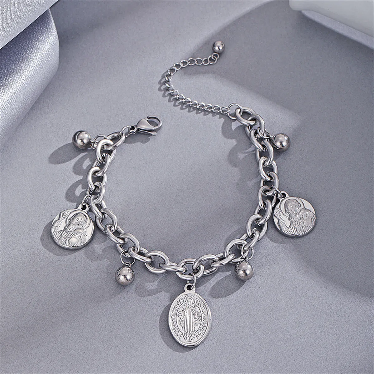 Stainless Steel Oval Patron Saints Charm Bracelet