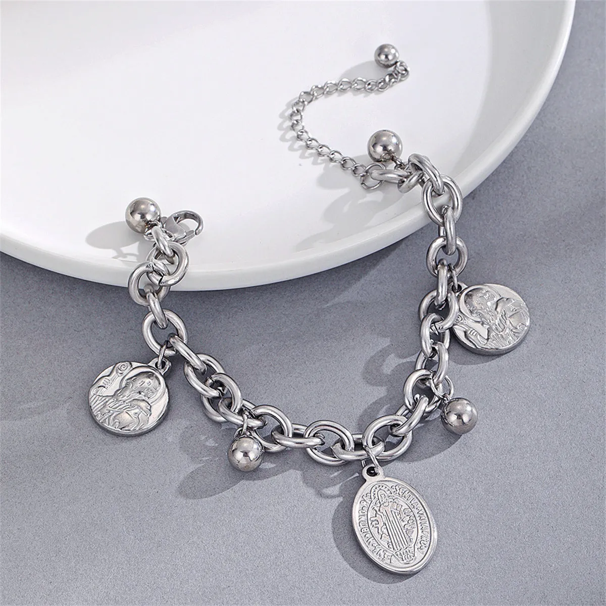 Stainless Steel Oval Patron Saints Charm Bracelet