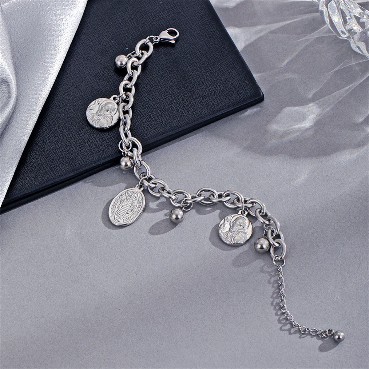 Stainless Steel Oval Patron Saints Charm Bracelet