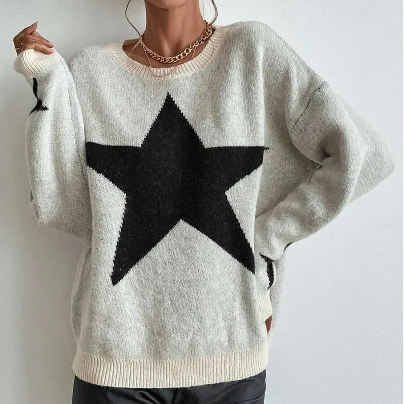 Starry Knit™ | Women's Long Sleeve Crewneck Pullover Sweater | Soft Knit Fabric, Star Print Design, Cozy Fit