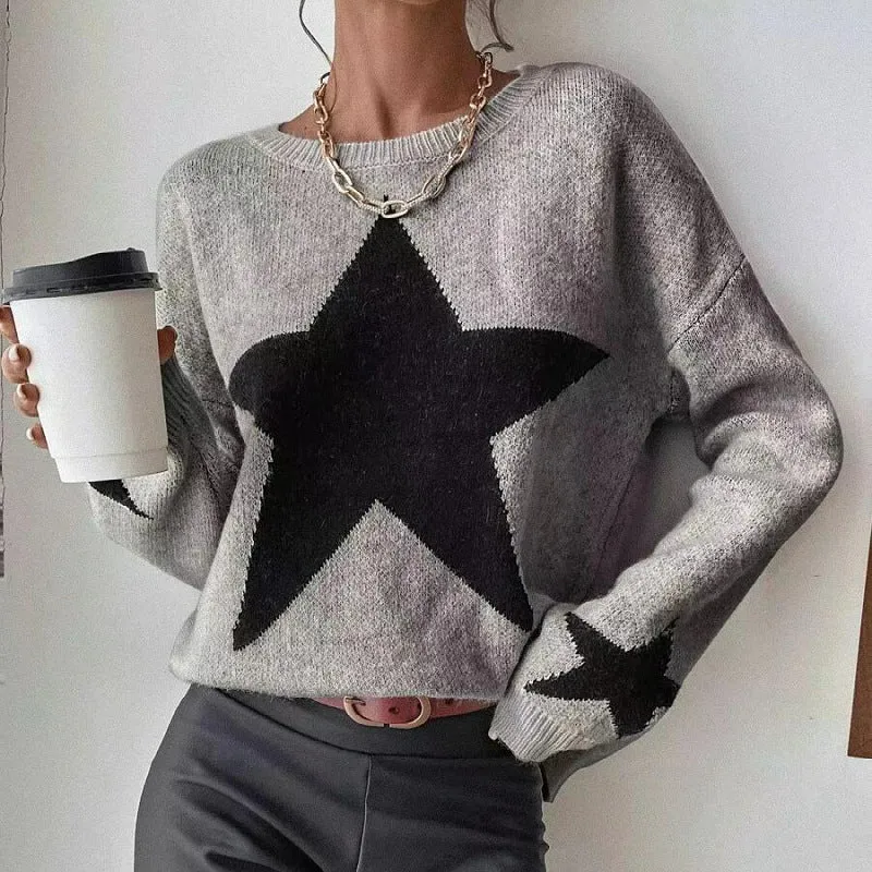Starry Knit™ | Women's Long Sleeve Crewneck Pullover Sweater | Soft Knit Fabric, Star Print Design, Cozy Fit
