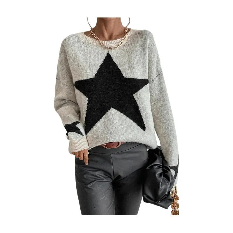 Starry Knit™ | Women's Long Sleeve Crewneck Pullover Sweater | Soft Knit Fabric, Star Print Design, Cozy Fit