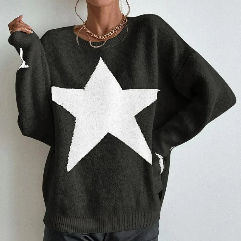 Starry Knit™ | Women's Long Sleeve Crewneck Pullover Sweater | Soft Knit Fabric, Star Print Design, Cozy Fit
