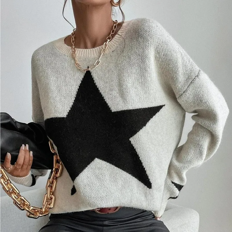 Starry Knit™ | Women's Long Sleeve Crewneck Pullover Sweater | Soft Knit Fabric, Star Print Design, Cozy Fit