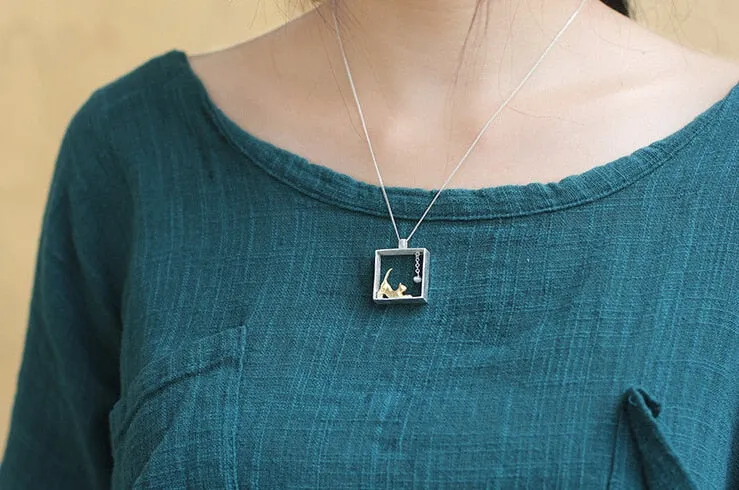 Sterling Silver Cat in the Box Necklace