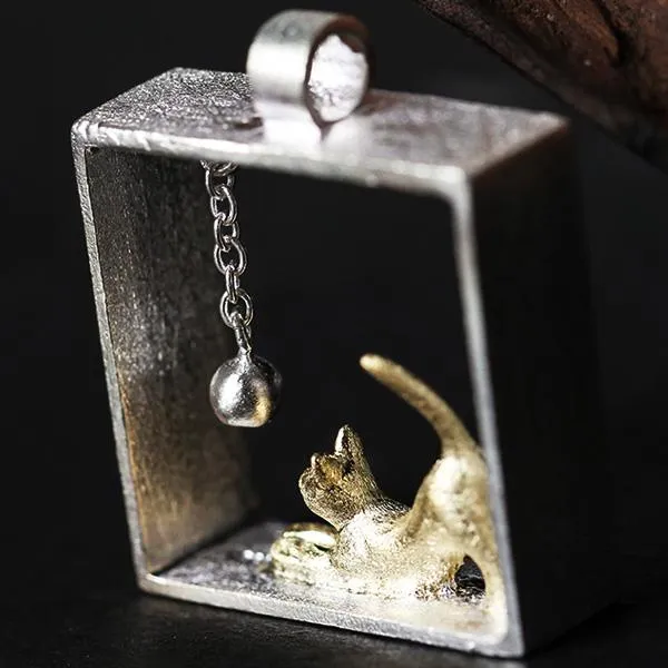 Sterling Silver Cat in the Box Necklace