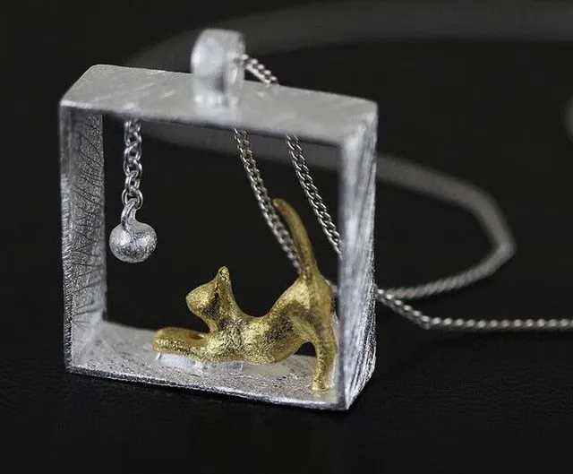 Sterling Silver Cat in the Box Necklace