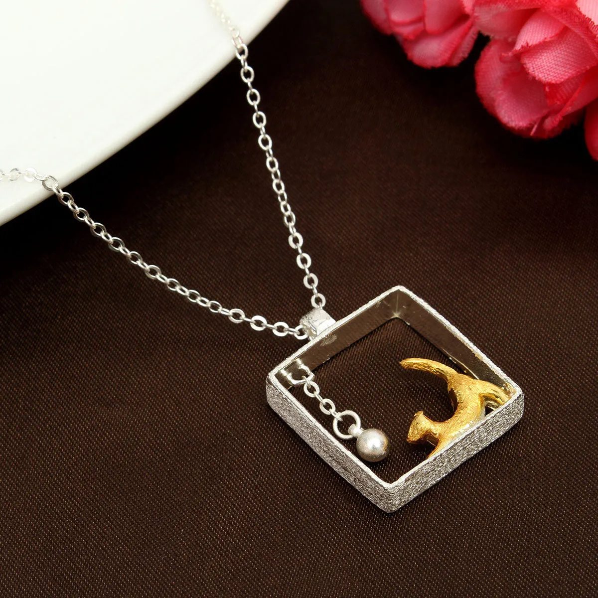 Sterling Silver Cat in the Box Necklace
