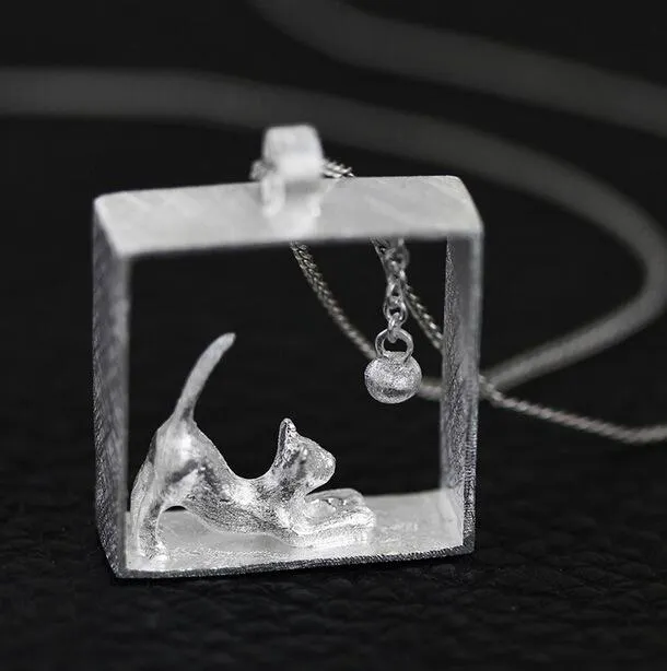 Sterling Silver Cat in the Box Necklace